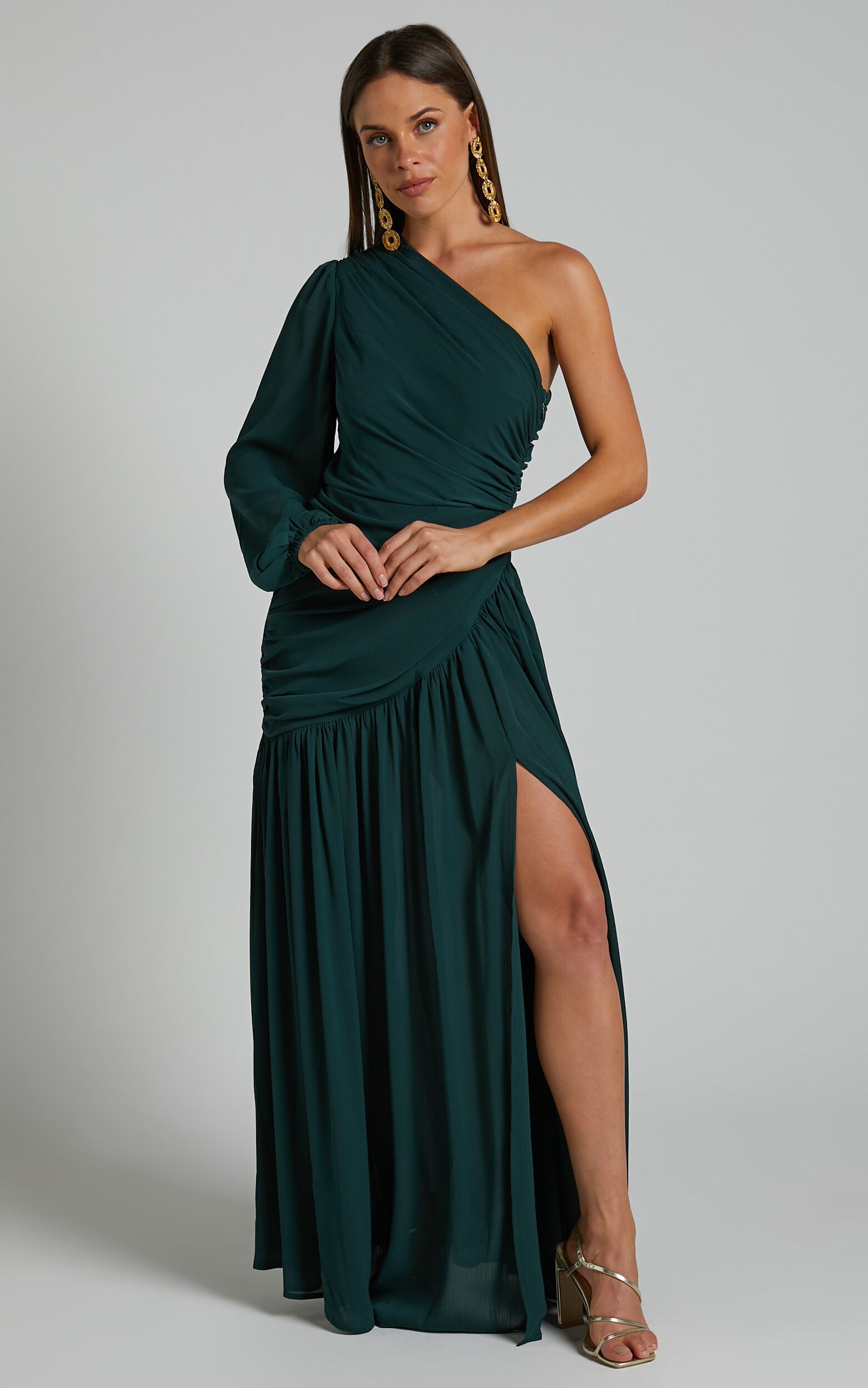 Grittah Midi Dress - One Shoulder Bishop Sleeve High Split Ruched Dress in Emerald