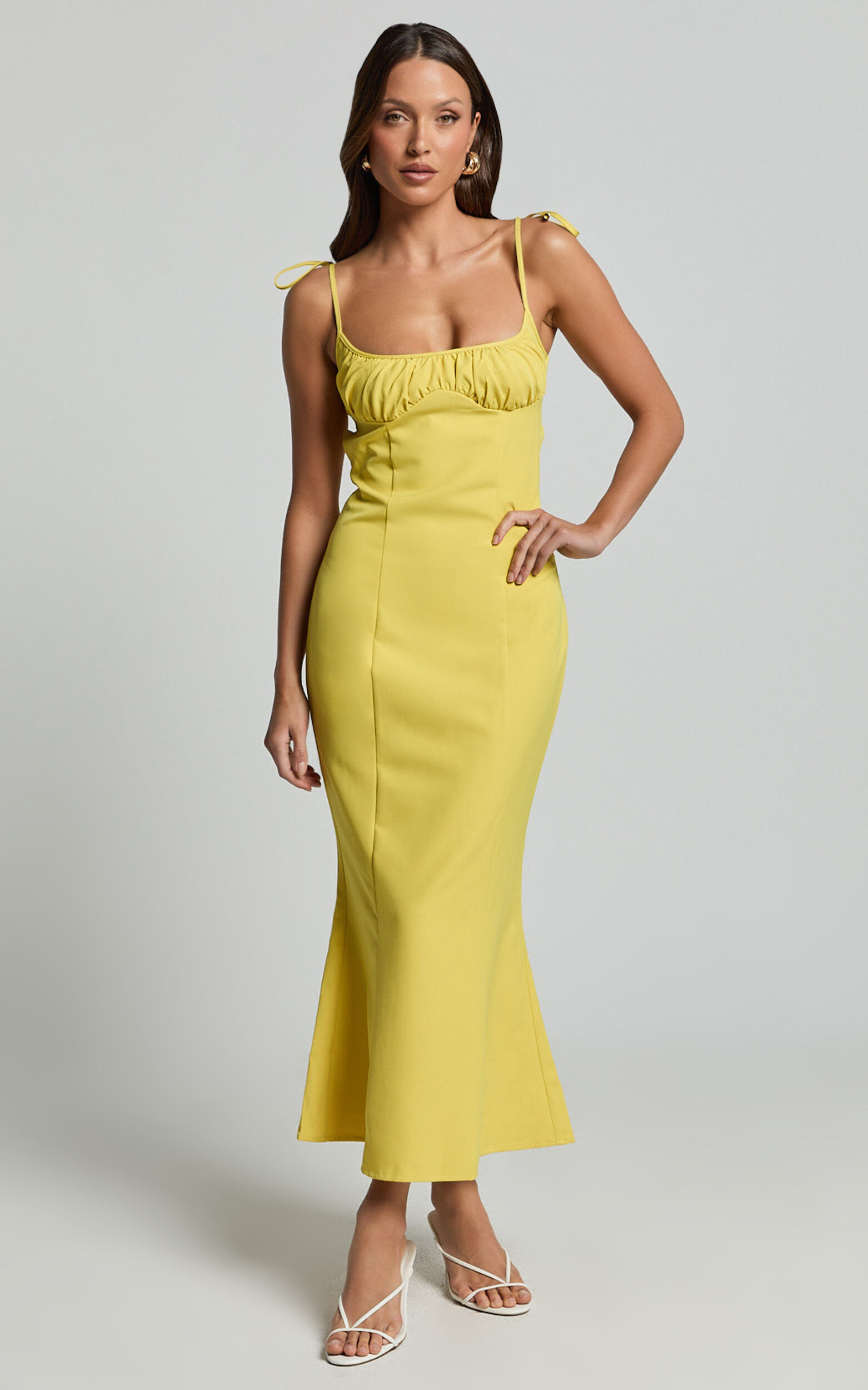Karina Midi Dress - Ruched Bust Tie Shoulder Fit and Flare Dress in Lemon