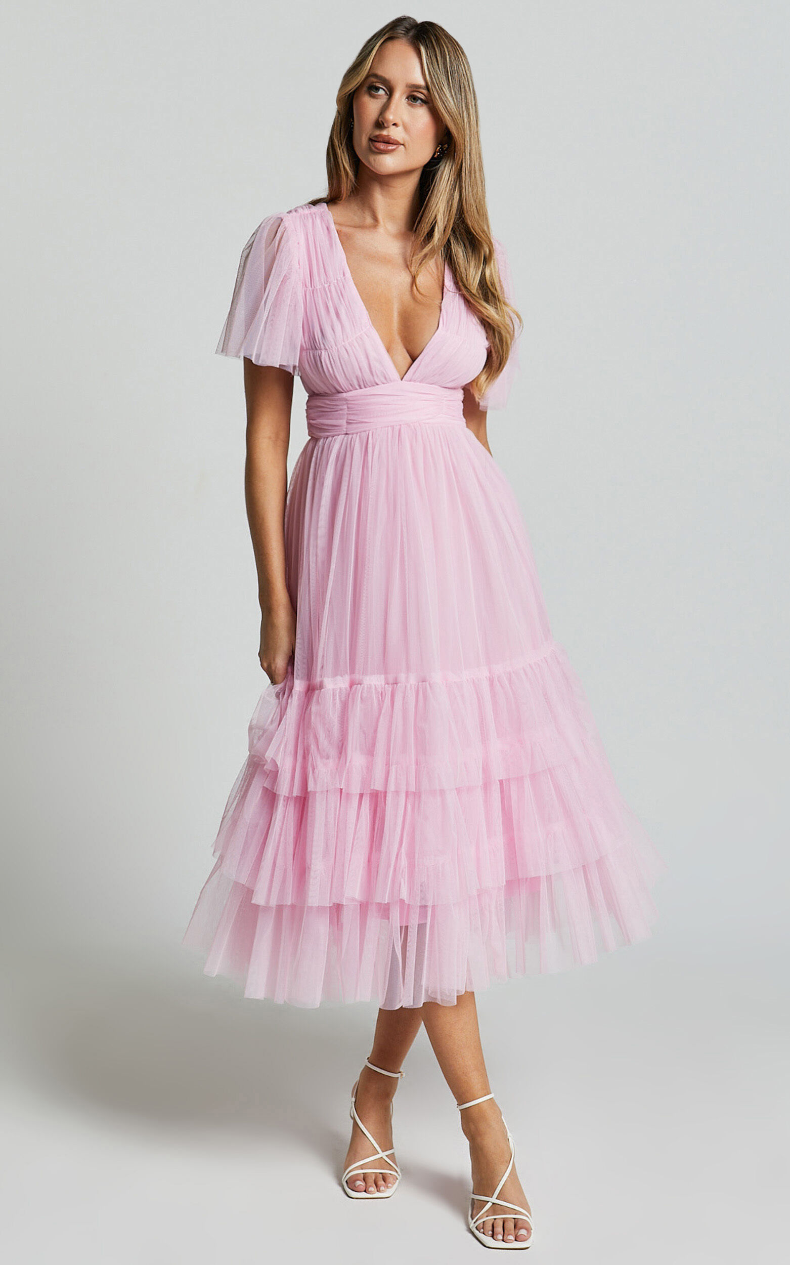 Jiraye Midi Dress - Flutter Sleeve Tuelle Plunge Dress in Ballet Pink