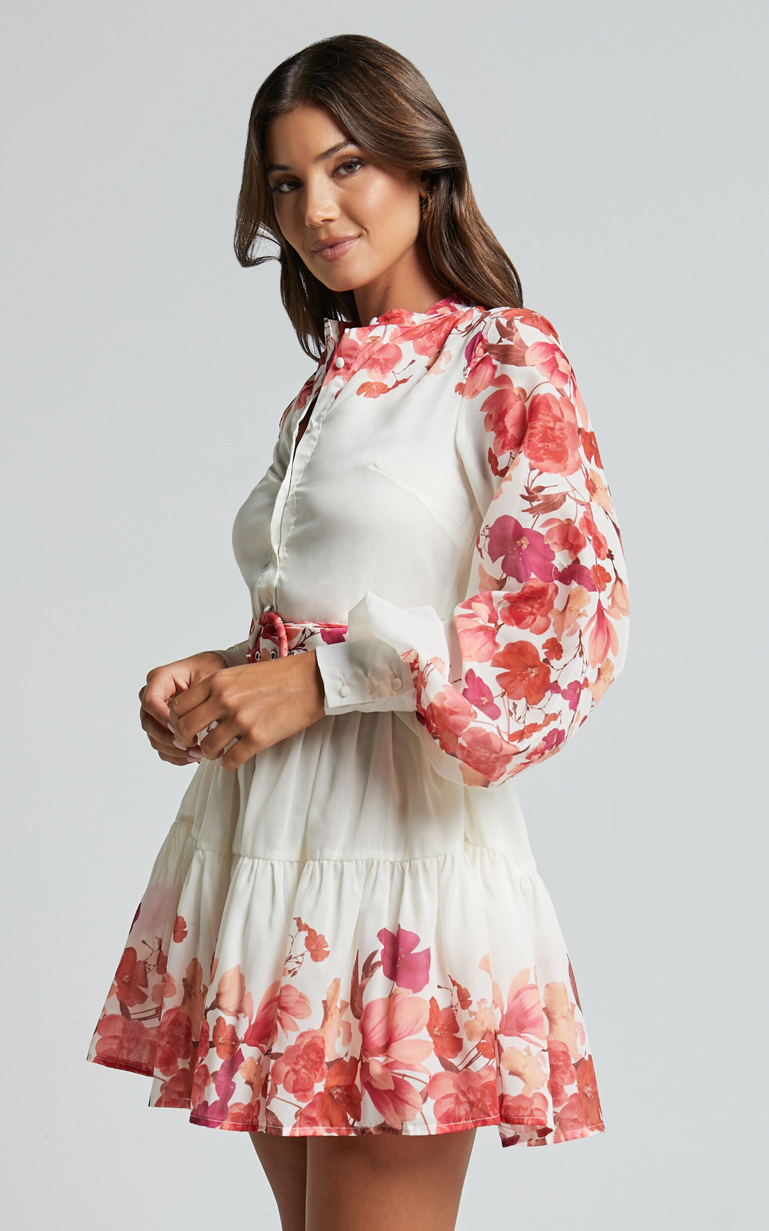 Becky Mini Dress - Long Bishop Sleeve Tiered Dress in Wildflower Print