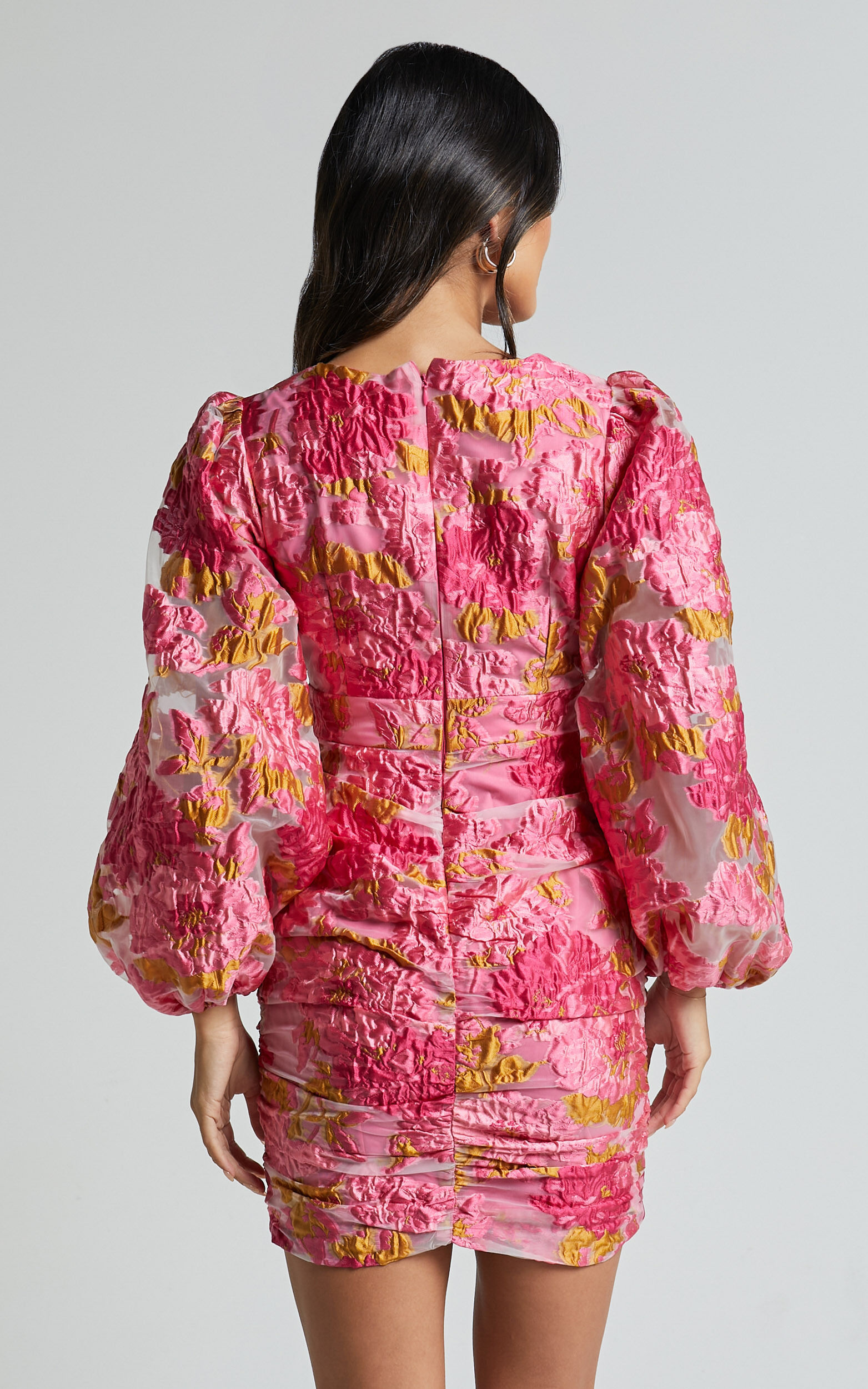 Farrah Mini Dress - Plunge Neck Long Sleeve Bodycon Dress in Pink