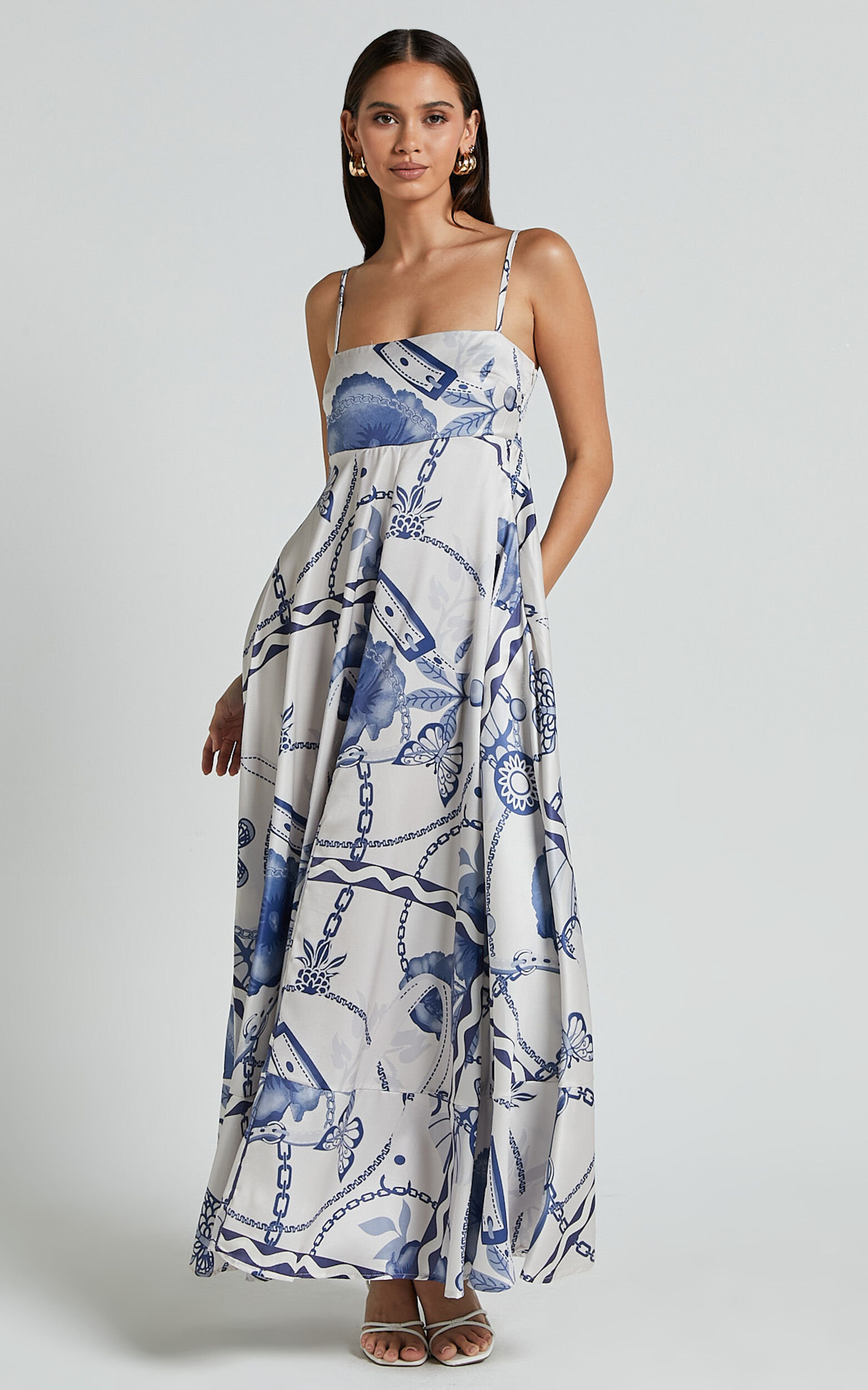 Yasmine Midi Dress - Straight Neck Sleeveless A Line Dress in Blue and White Porcelain Print