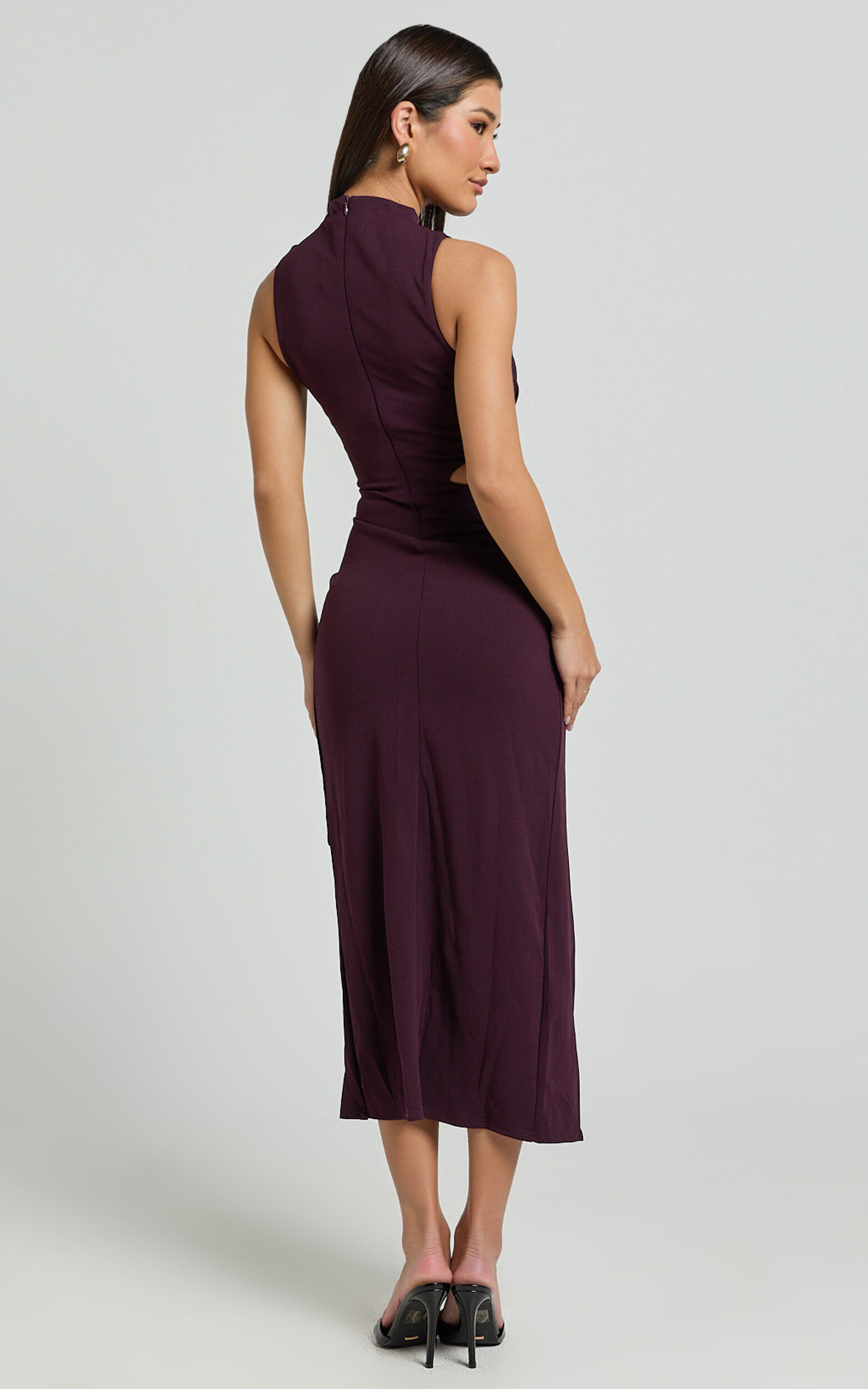 Millie Midi Dress - Front Twist Cut Out Thigh Split Dress in Wine