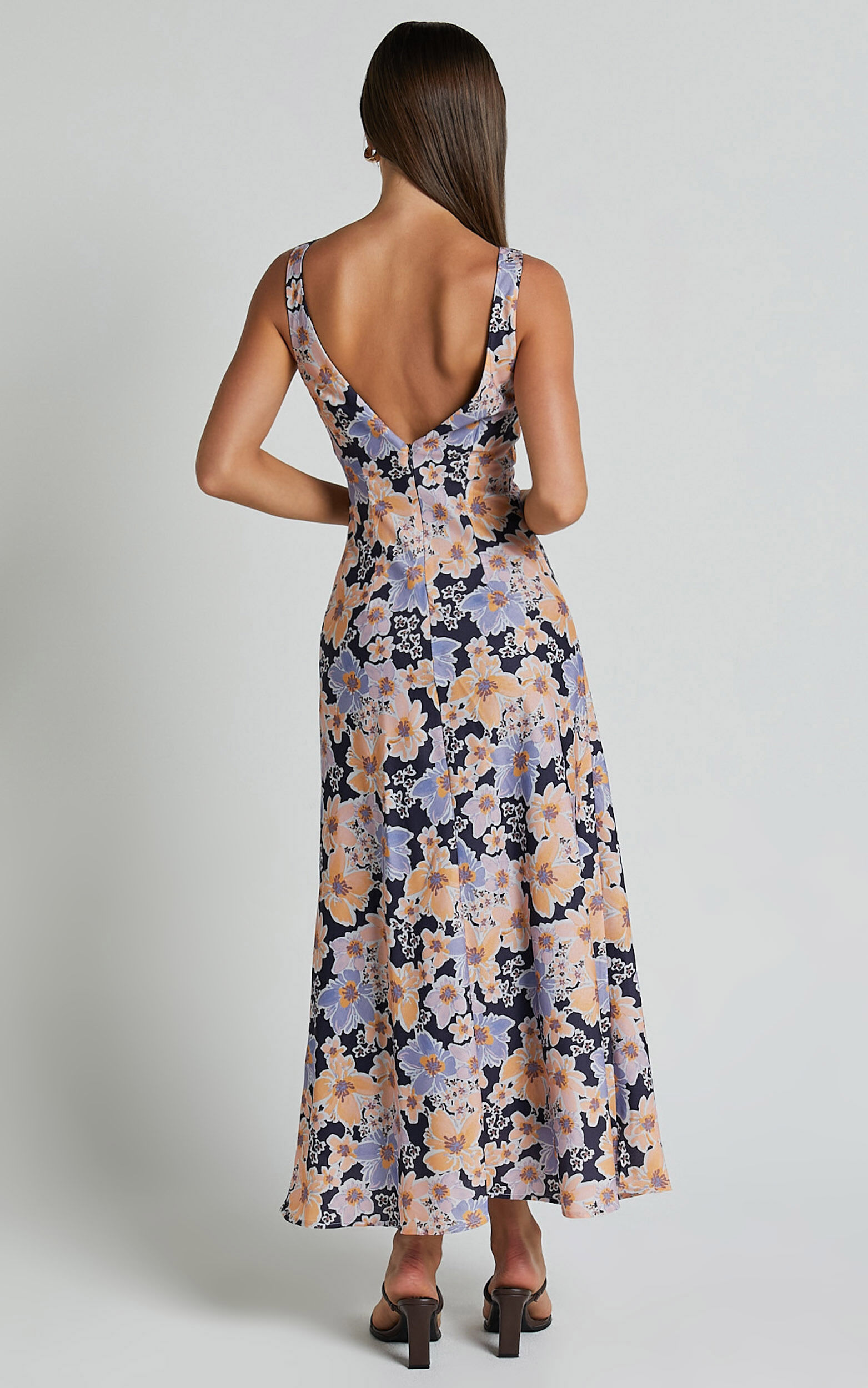 Jenibelle Midi Dress - Boat Neck Open Back Sleeveless Bias Cut Slip Dress in Mellow Floral