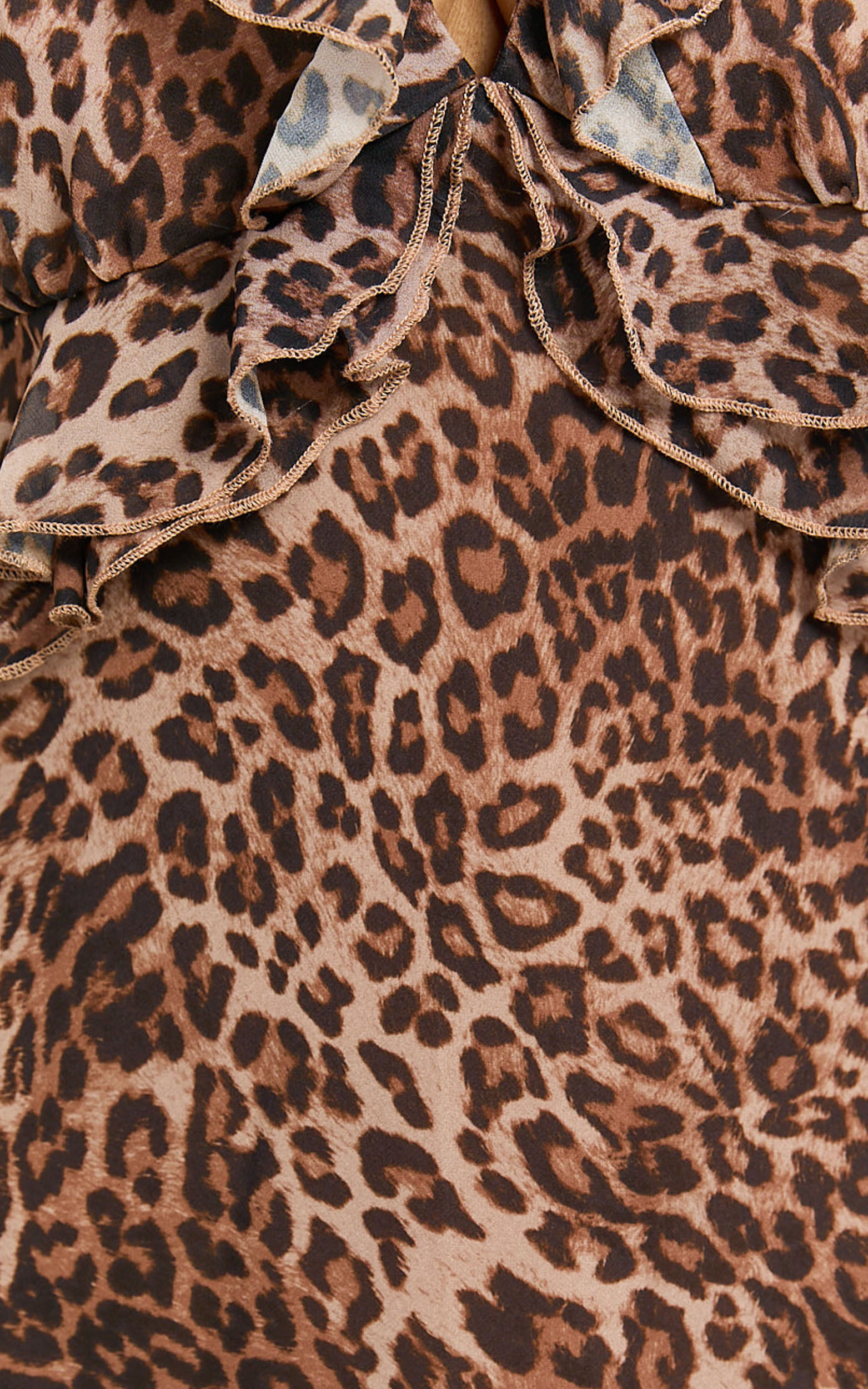 Alessa Maxi Dress - V Neck Frill Detail Empire Waist Back Cut Out Dress in Tonal Leopard