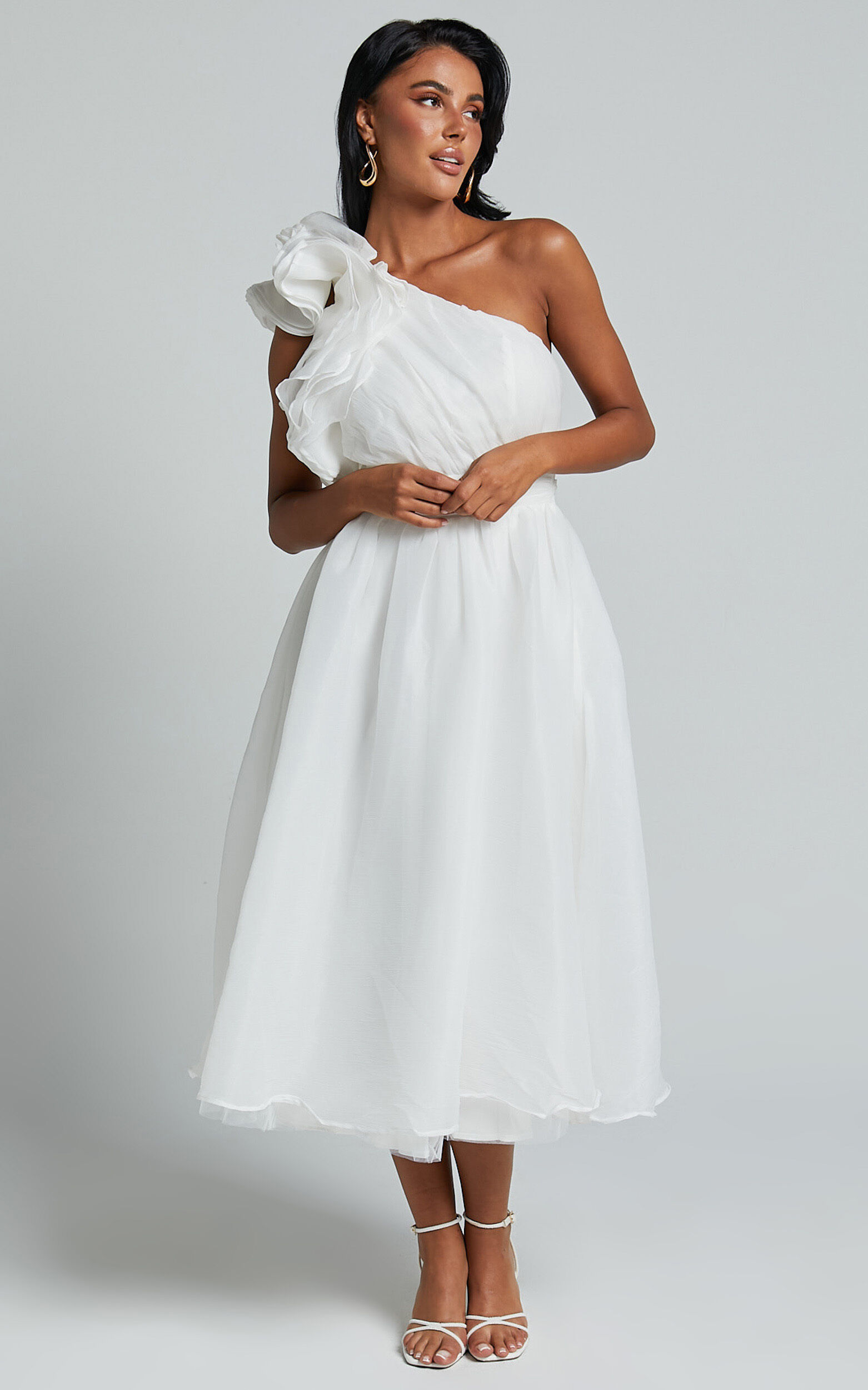 Tia Midi Dress - One Shoulder Frill Detail Fit & Flare Dress in White