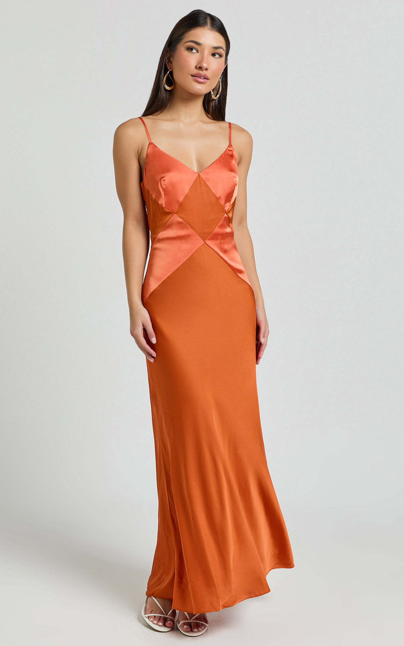 Amira Midi Dress - V Neck Sleeveless Slip Dress in Orange