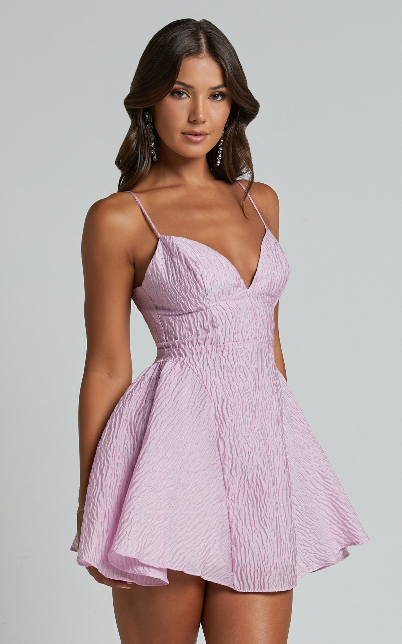 Brandi Mini Dress - Bust Cup Full Hem Textured Jacquard Mini Dress in Light Pink