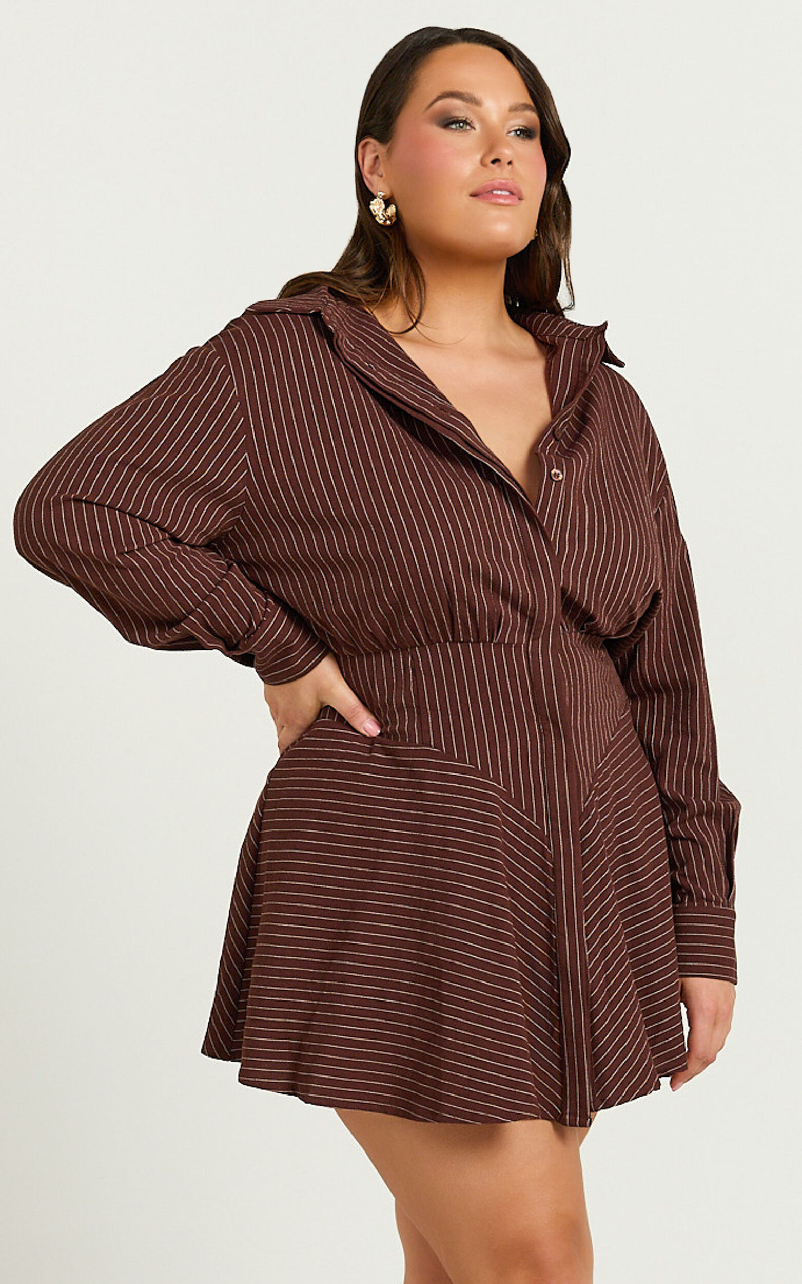Whitney Mini Dress - Linen Long Sleeve Shirt Dress in Chocolate Pinstripe