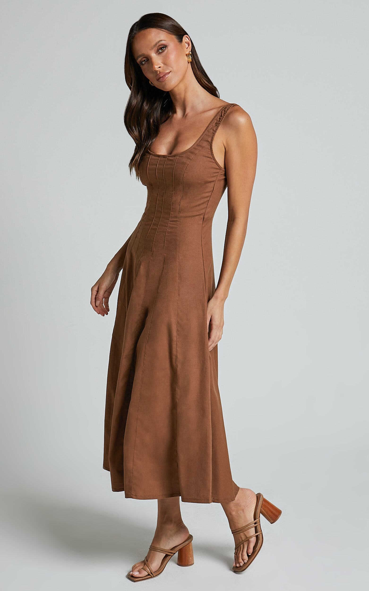 Adelyn Midi Linen Dress - Square Neck Sleeveless A Line Dress in Tobacco
