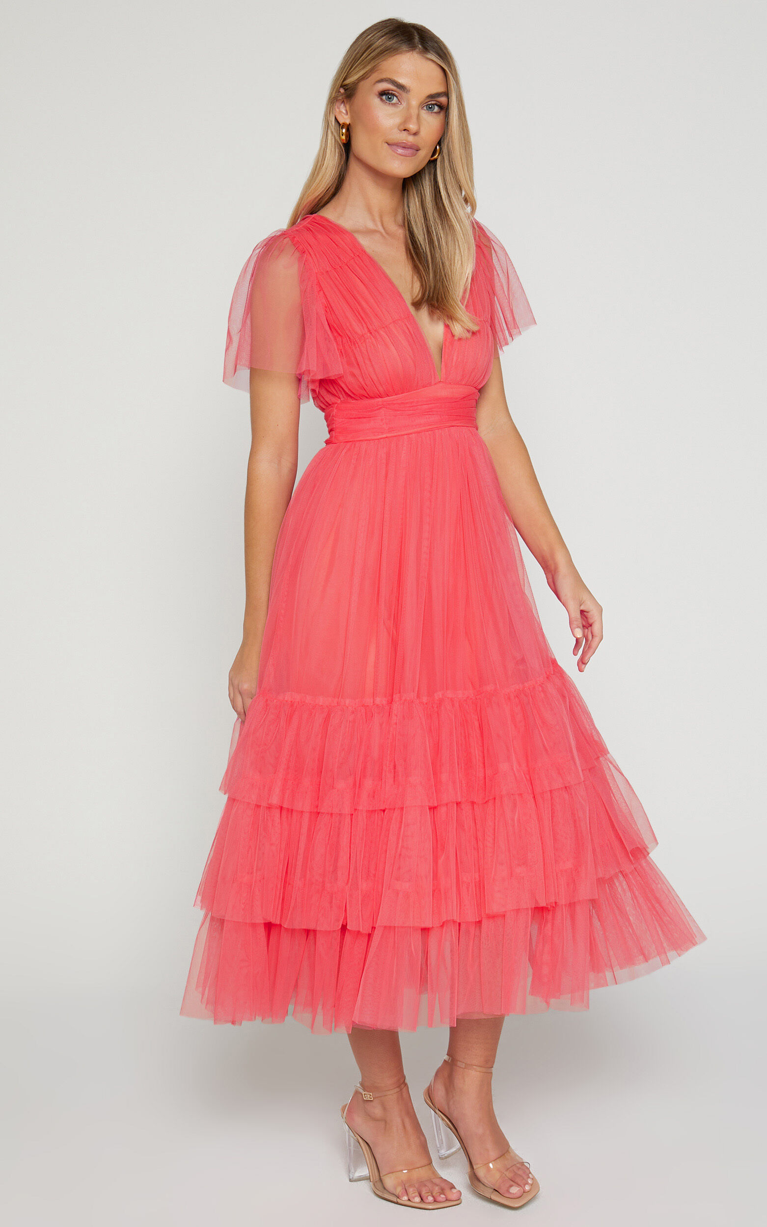 Jiraye Midi Dress - Flutter Sleeve Tuelle Plunge Dress in Coral