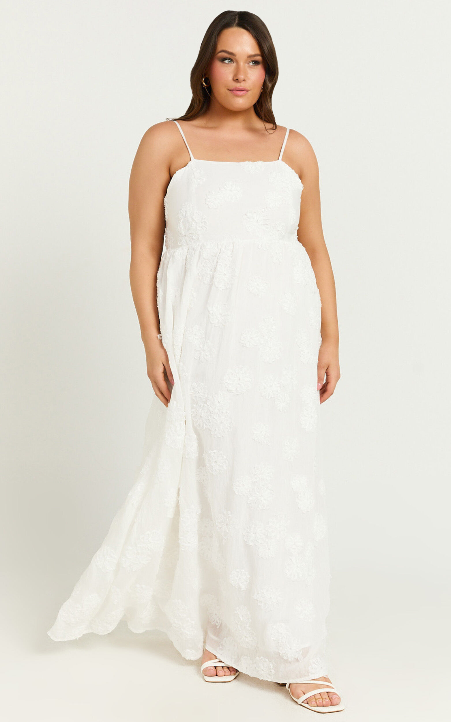 Claya Maxi Dress - Sleeveless Straight Neckline Floral Detail Dress in White Embroidery