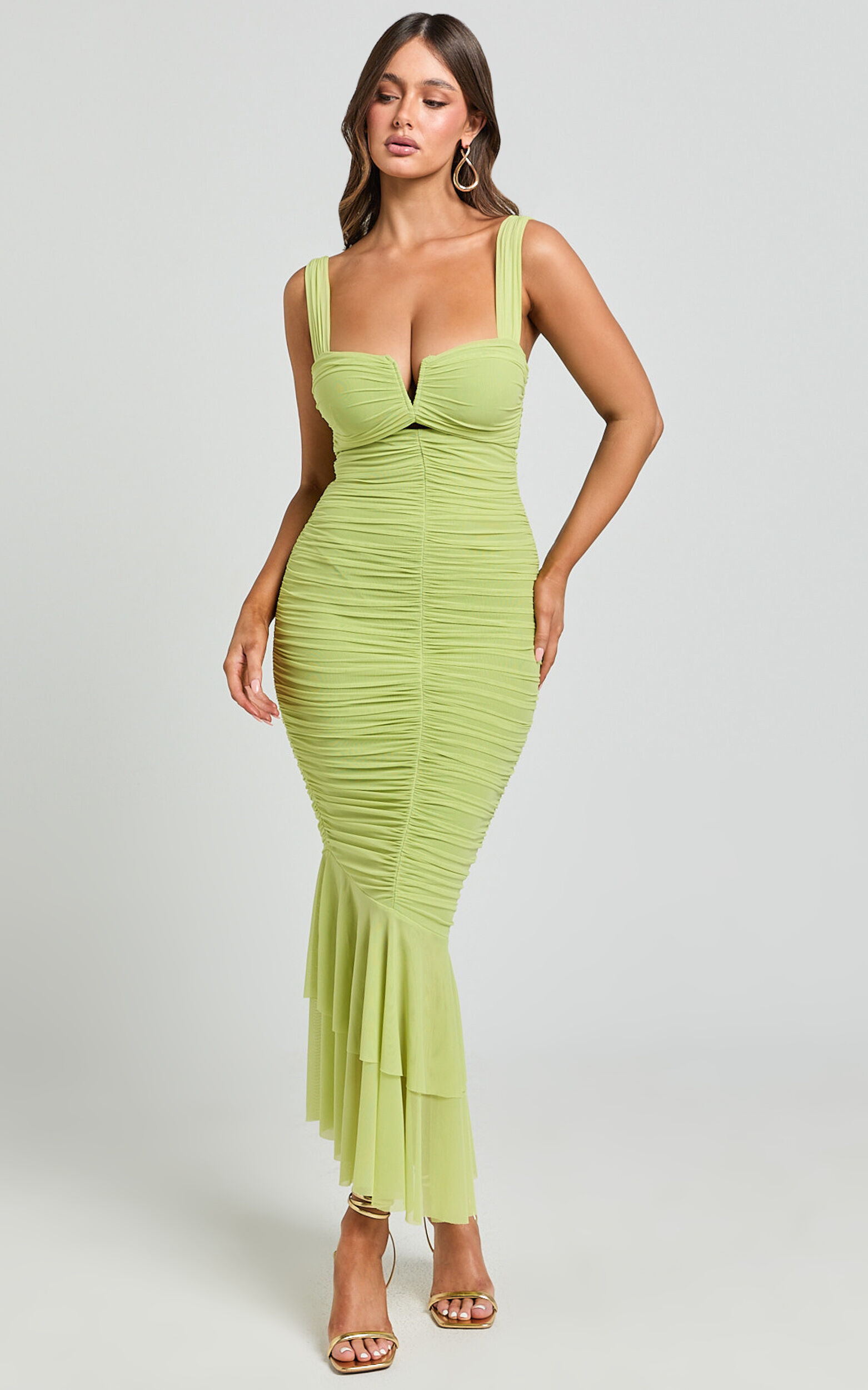Kody Midi Dress - Bodycon Ruched Mesh Cut Out Dress in Lime