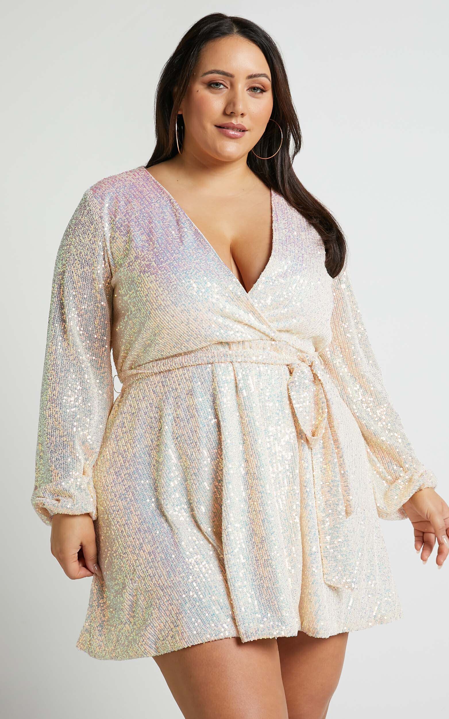 Three Of Us Mini Dress - Long Sleeve Wrap Dress in White Sequin