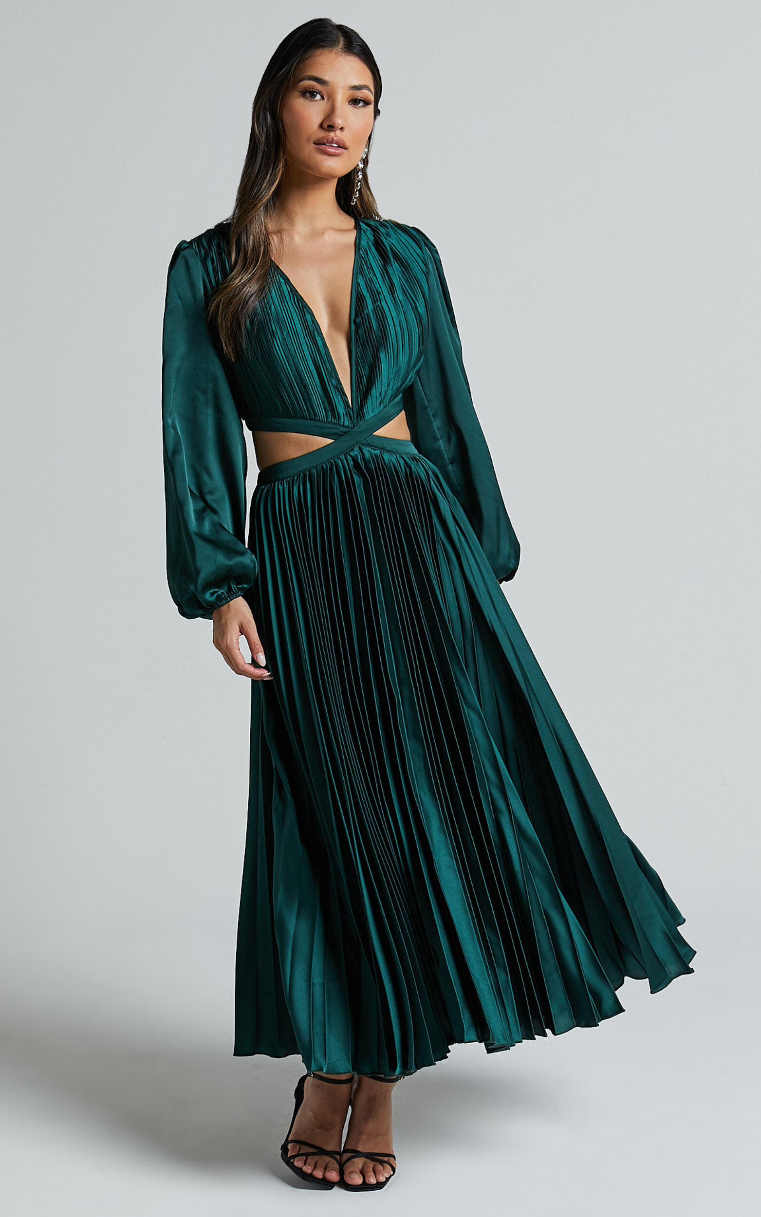 Jade Midi Dress - Side Cut Out Pleated Balloon Sleeve Dress in Emerald Green