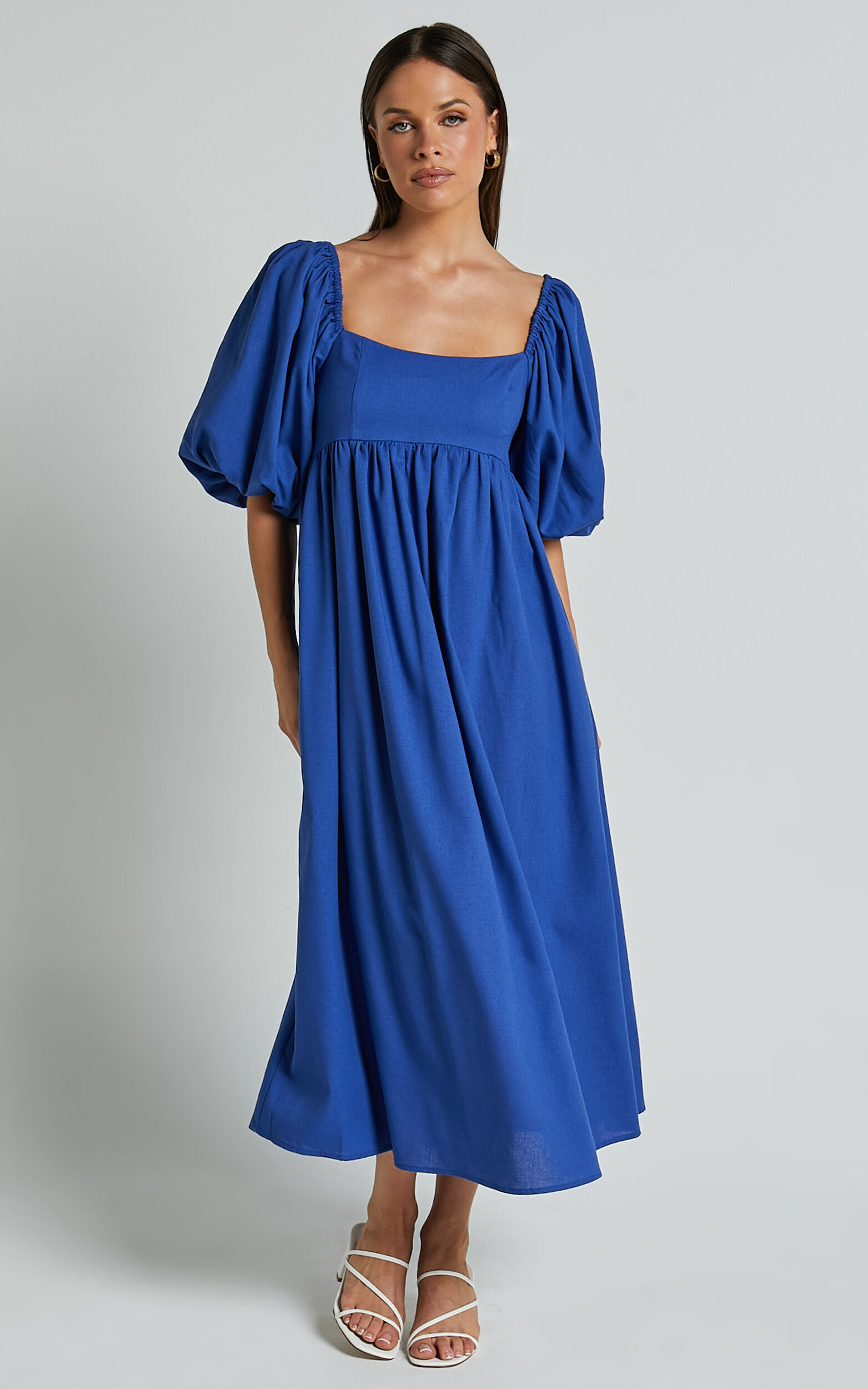 Cenia Midi Dress - Linen Straight Neck Shirred Back Puff Sleeve Dress in Bright Blue