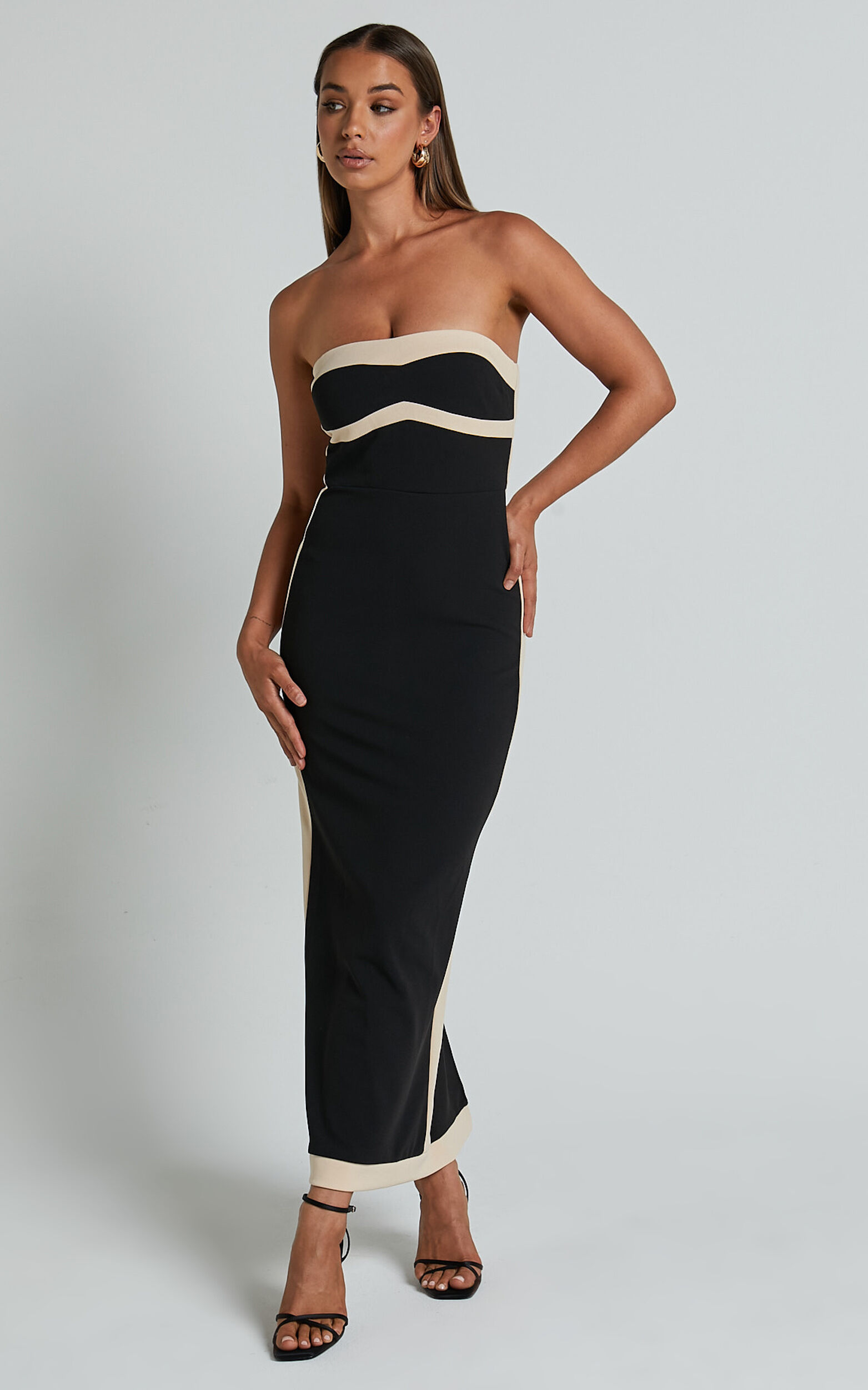 Chailyn Midi Dress - Strapless Bodycon Dress in Black