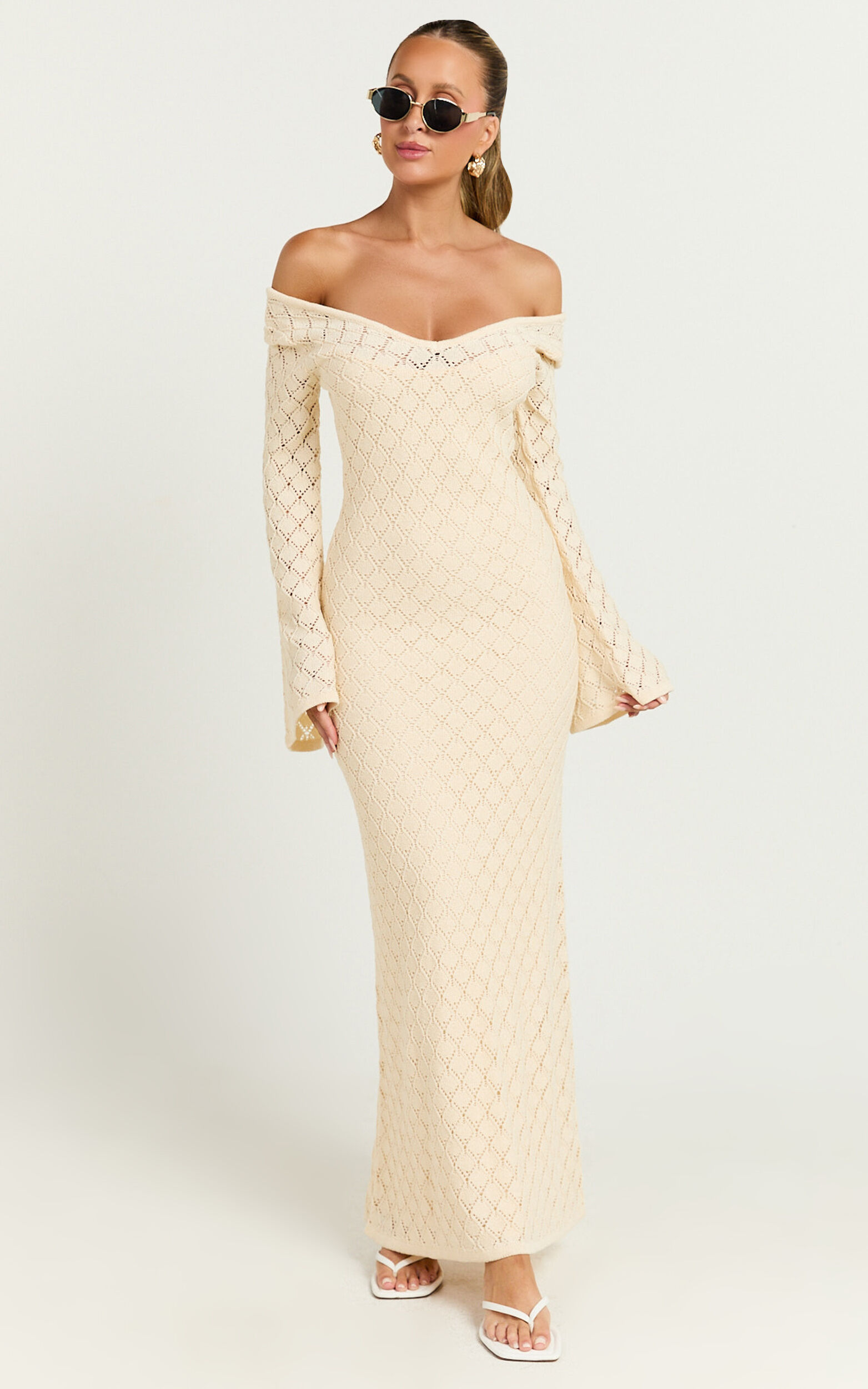 Halsey Maxi Dress - Crochet Scoop Neck Flare Sleeve Dress in Off White