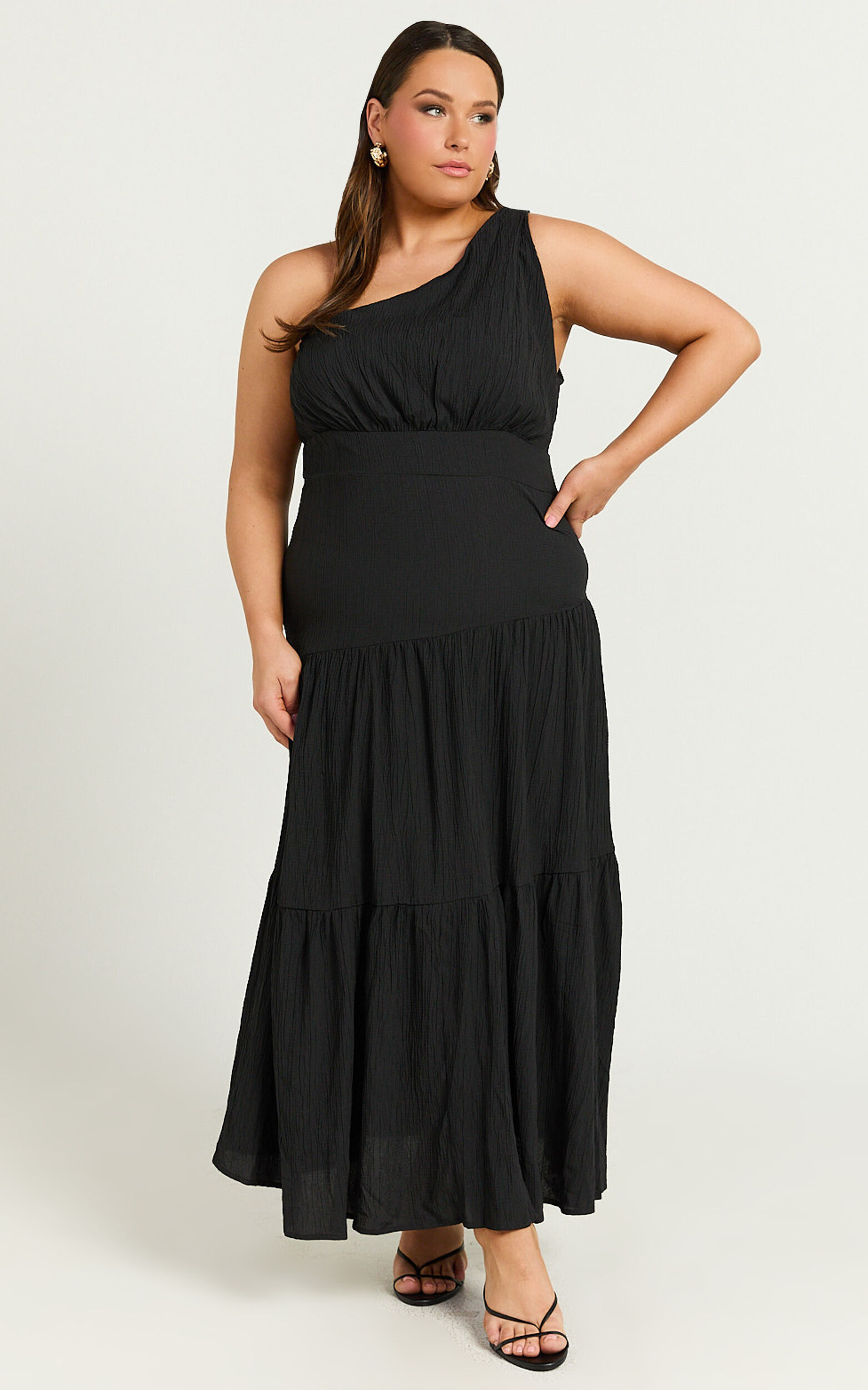 Celestia Midi Dress - Tiered One Shoulder Dress in Black