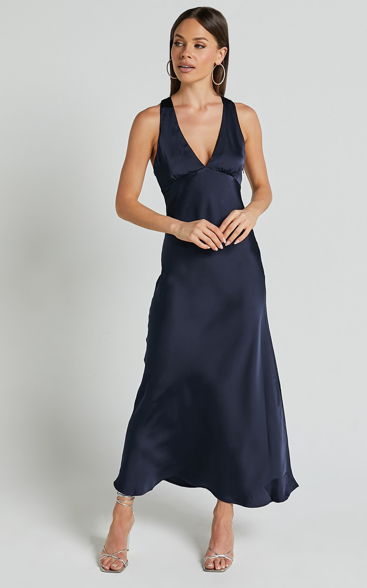 Khalani Midi Dress - Deep V Neck Satin Slip Dress in Navy