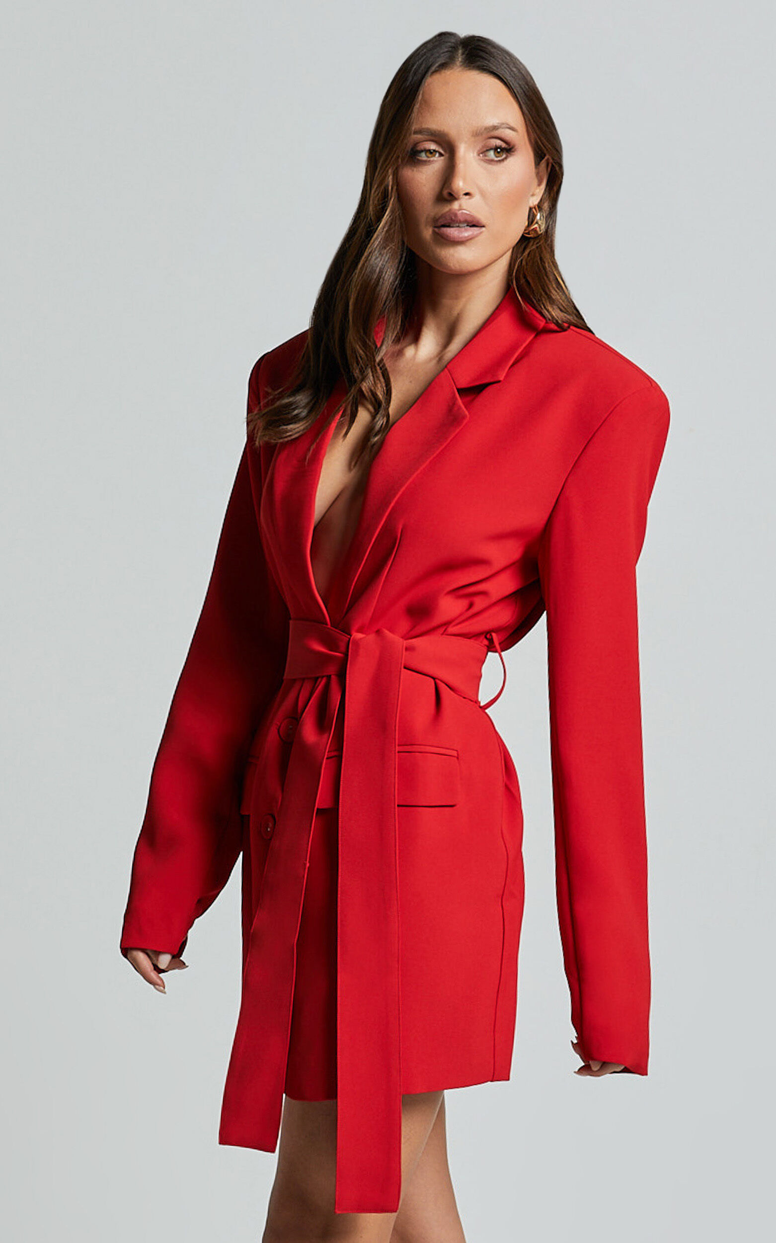 Denali Mini Dress - Tie Waist Blazer Dress in Ruby Red