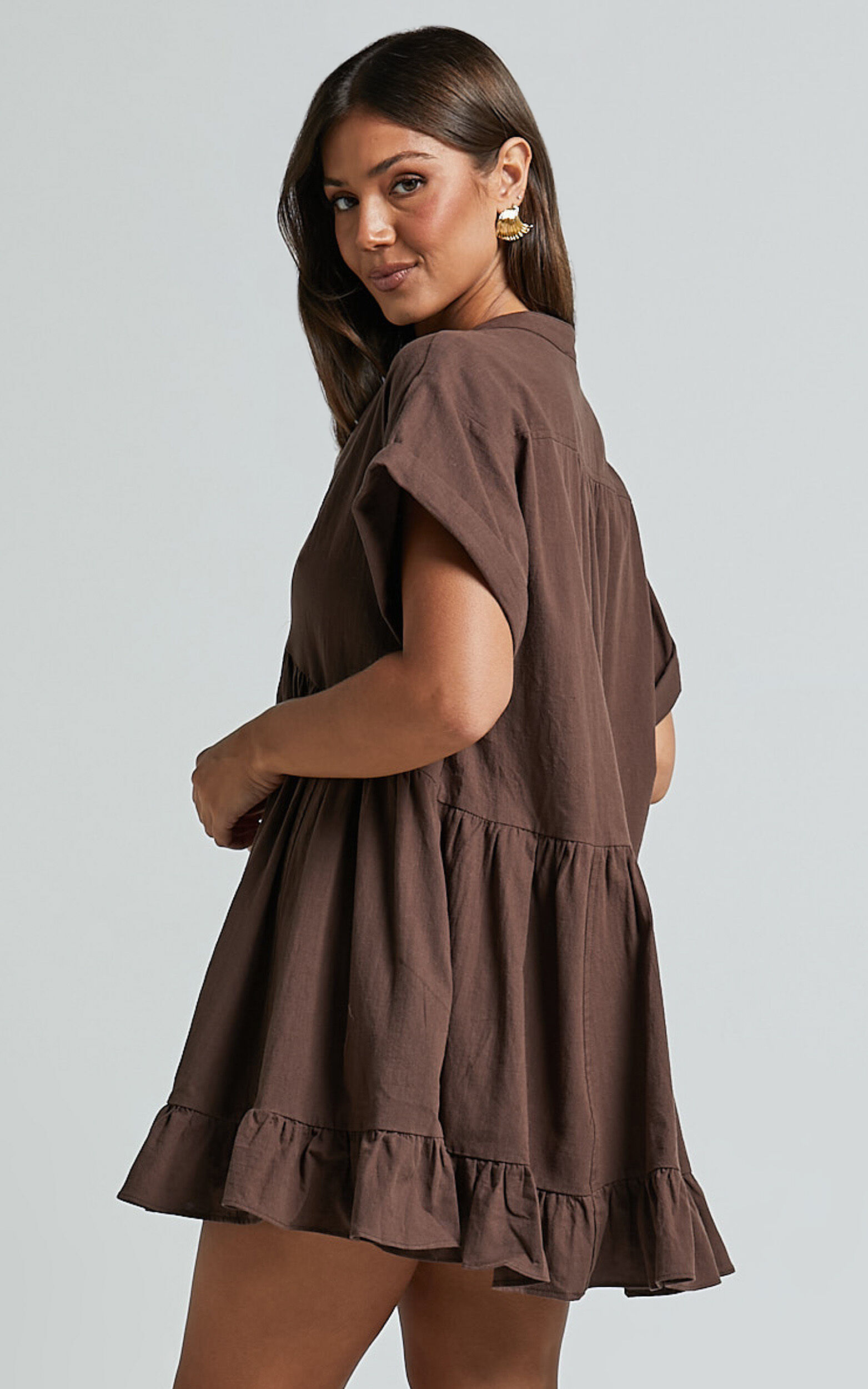 Calissa Mini Dress - Frill Hem Smock Dress in Chocolate
