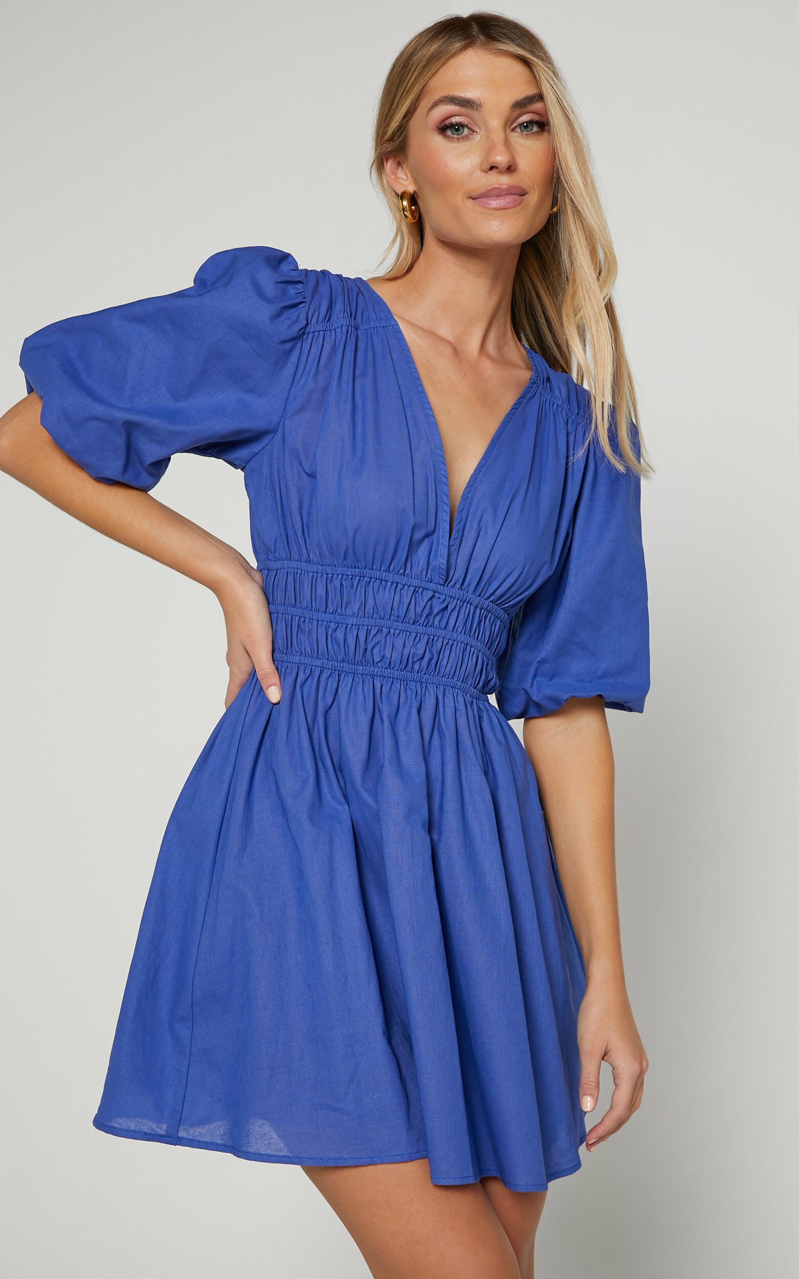 Francesca V Neck Puff Sleeves Mini Dress in Cornflower Blue