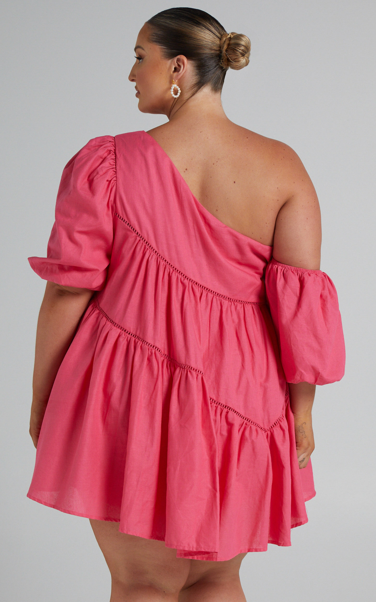 Harleen Mini Dress - Linen Asymmetrical Trim Puff Sleeve Dress in Pink