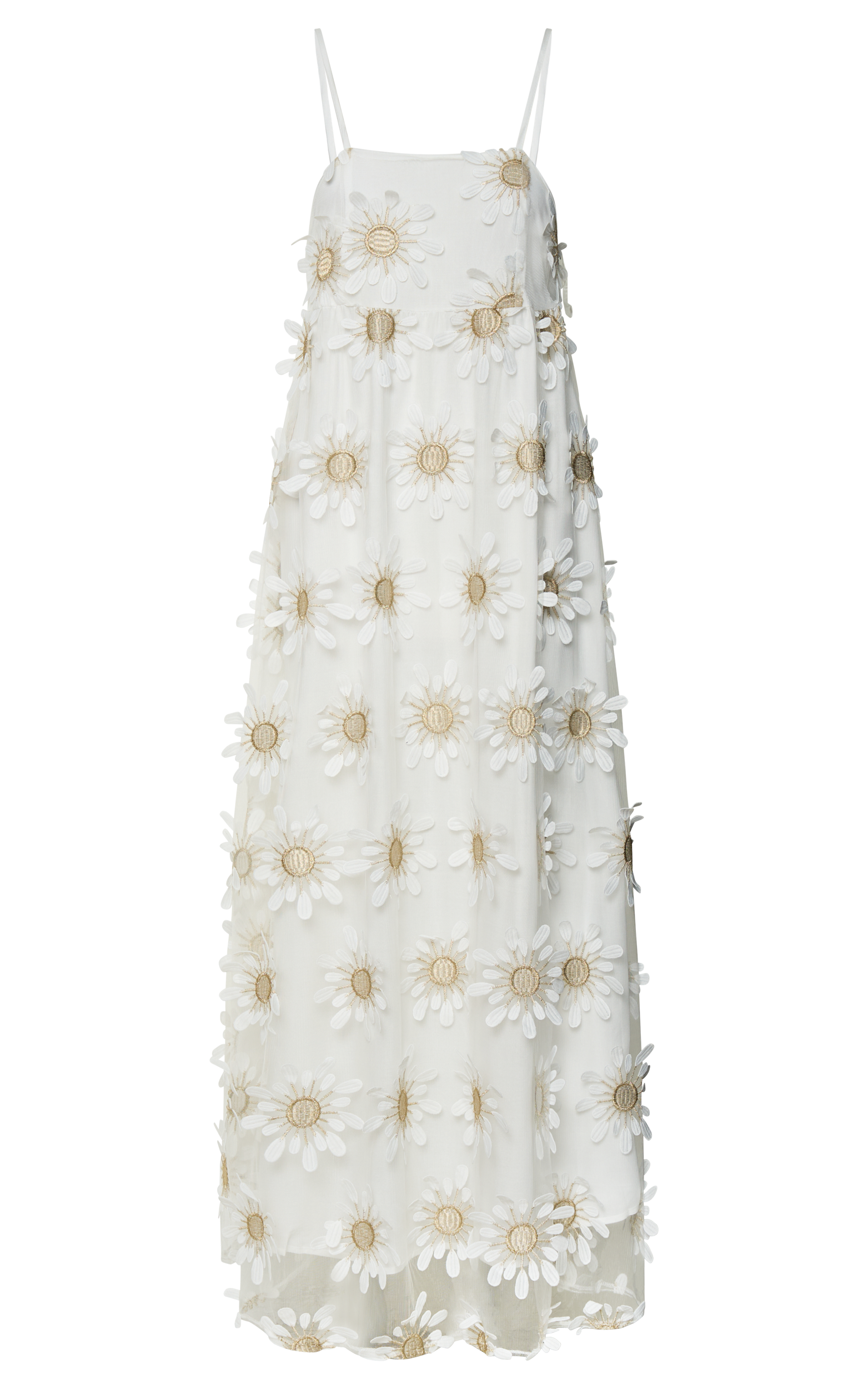 Candice Midi Dress - Straight Neck Floral Embroidery Detail Shift Dress in White