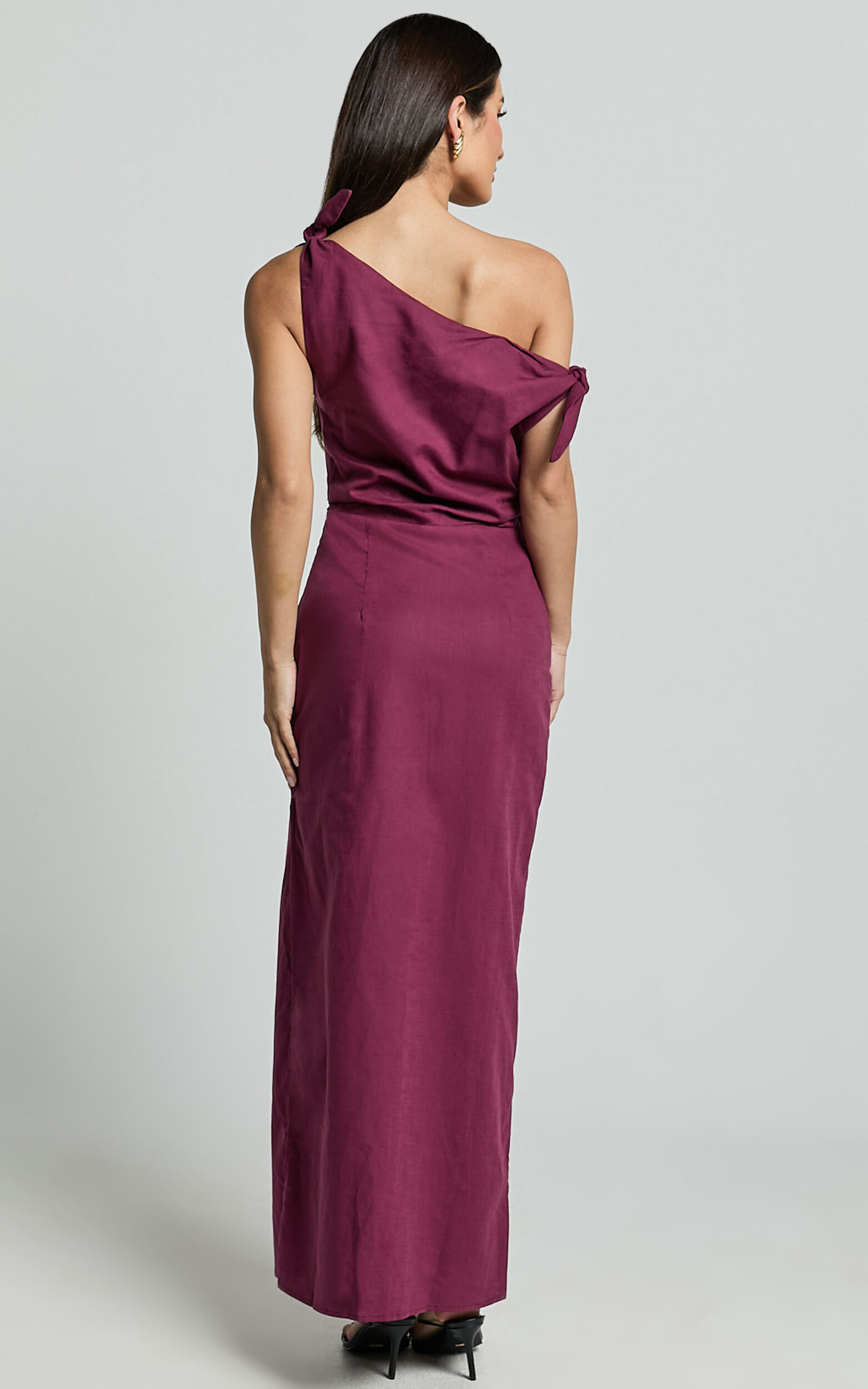 Cincinnati Midi Dress - Off The Shoulder Side Split Column Linen Dress in Merlot