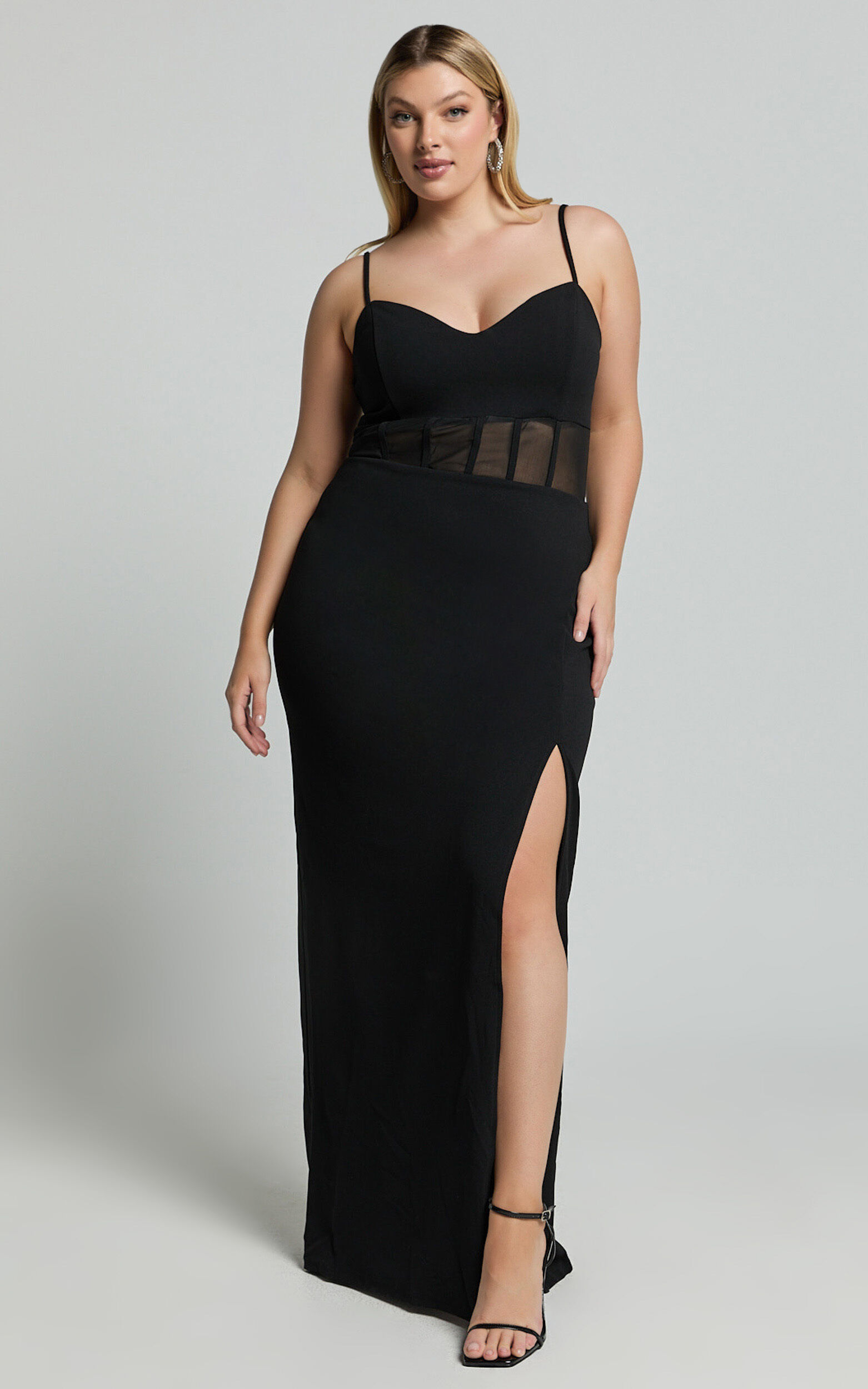 Carmen Midi Dress - Sheer Corset Panel High Split Dress in Black