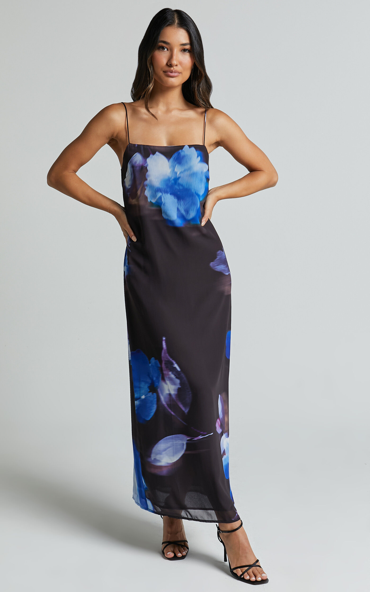 Emmanuelle Midi Dress - Strappy Side Split Satin Dress in Electric Bloom Print
