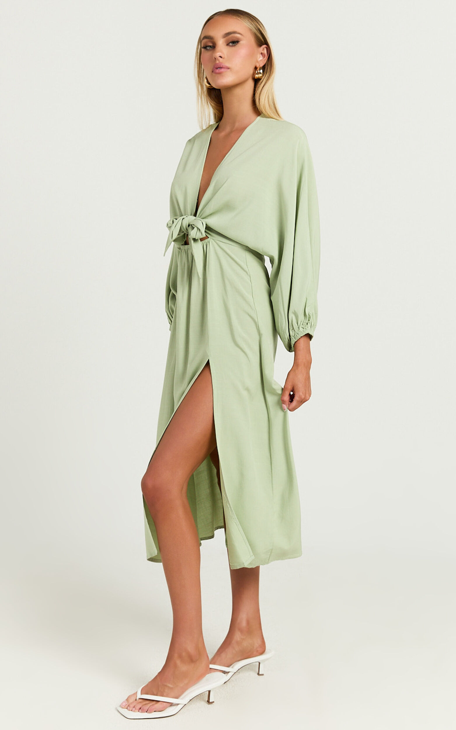 Tyricia Midi Dress - Long Sleeve Tie Front Cut Out Dress in Sage