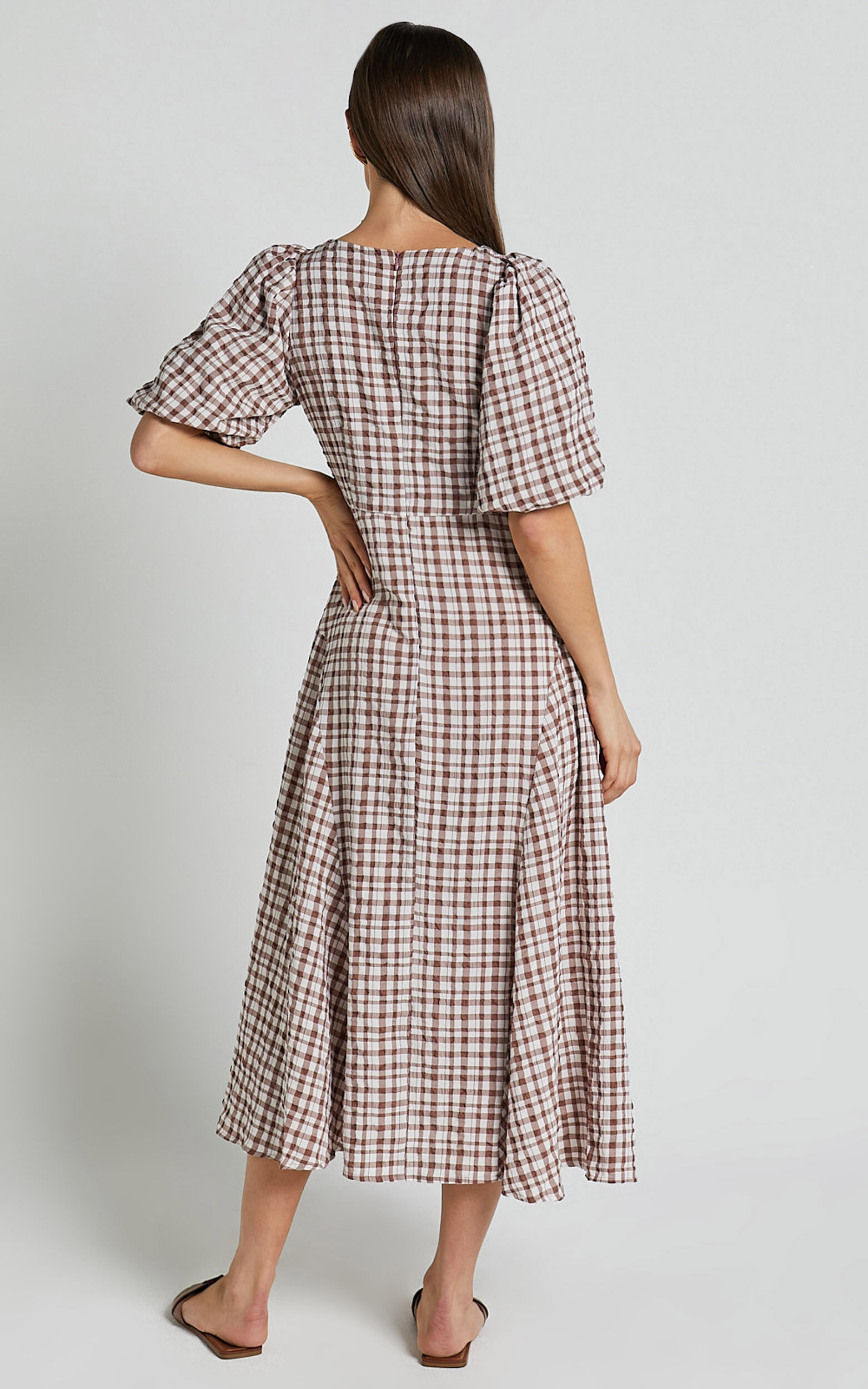 Jameela Midi Dress - V Neck Short Puff Sleeve Godet A Line Smock Dress in Chocolate Gingham
