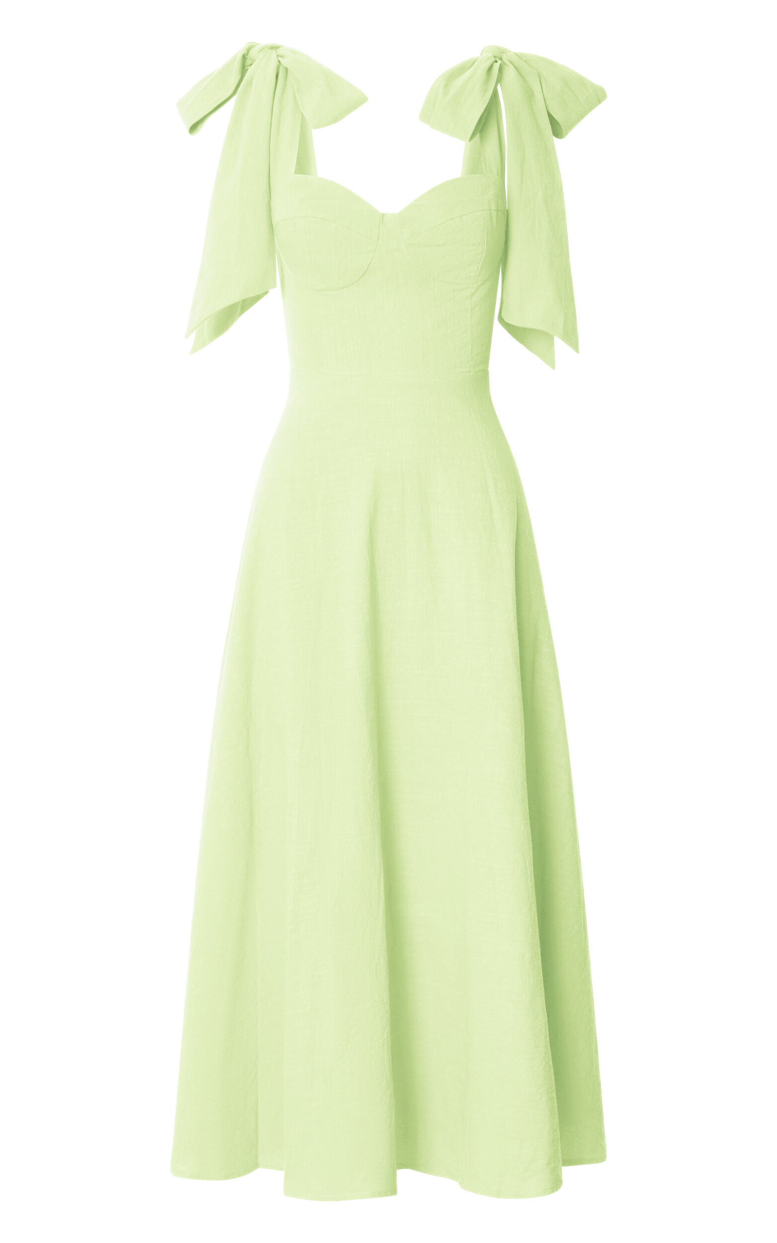 Tymia Midi Dress - Shoulder Tie Bustier Shirred Back A Line in Celery