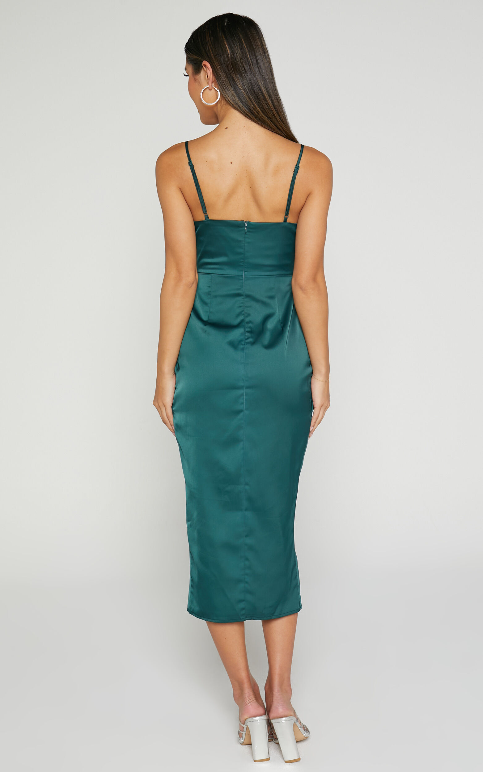 Dazzling Lights Midi Dress - Cowl Neck Draped Dress in Emerald Satin