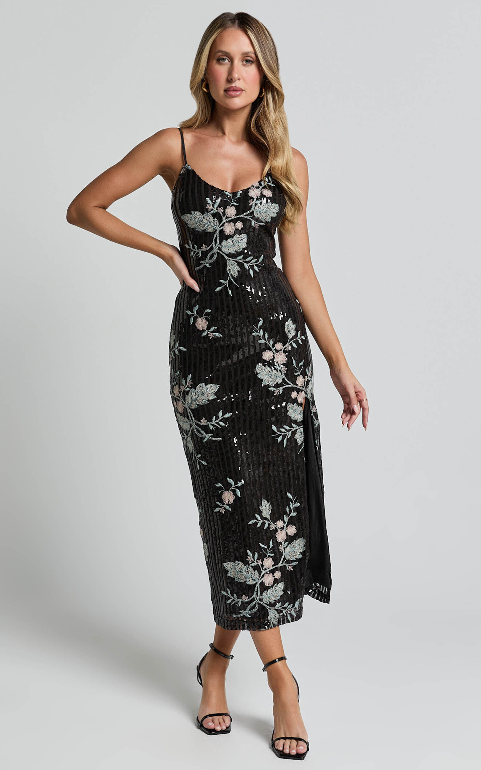 Adrienne Midi Dress - Sequin Embroidered Slip Dress in Black