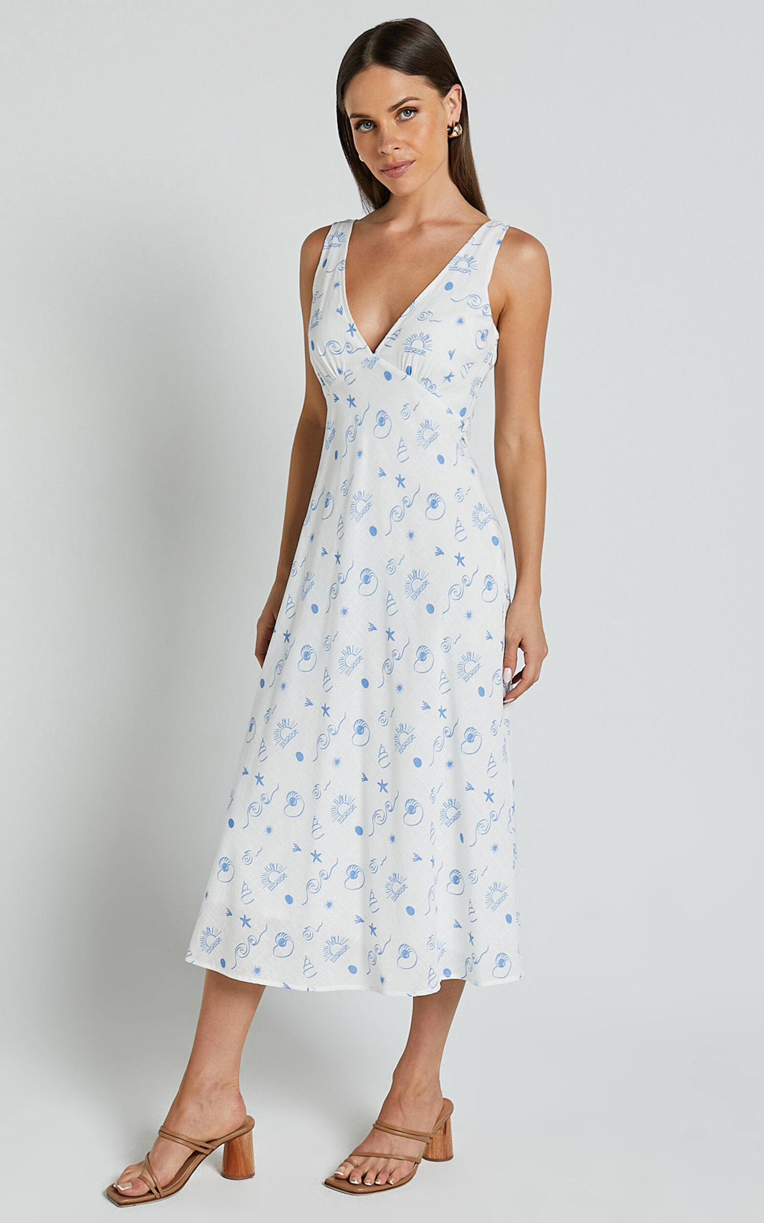 Becca Midi Dress - Ruched Bust Sleeveless V Neck Dress in Blue Print