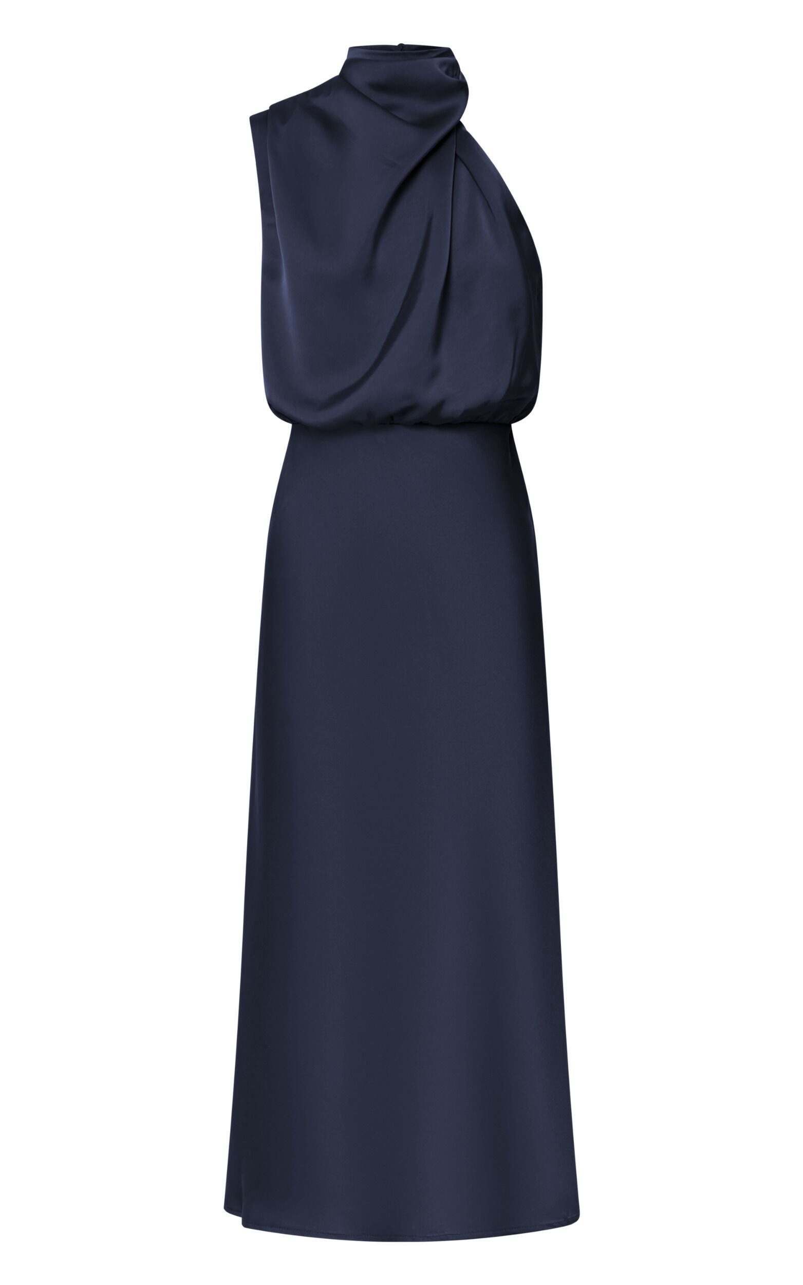 Minnie Midi Dress - Drape Neck Satin Slip Dress in Midnight Blue