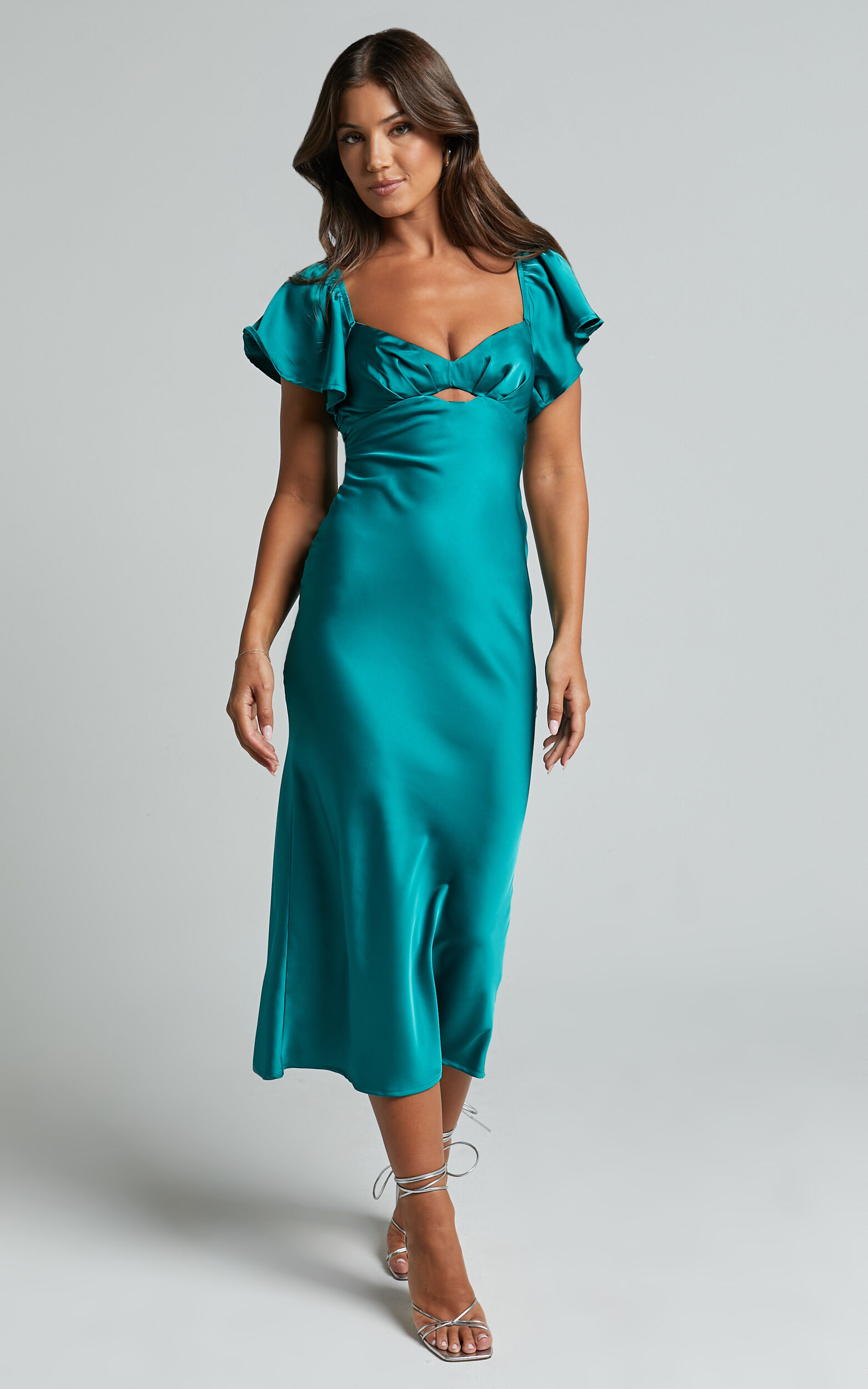 Emberlynn Midi Dress - Flutter Sleeve Cut Out Satin Dress in Teal