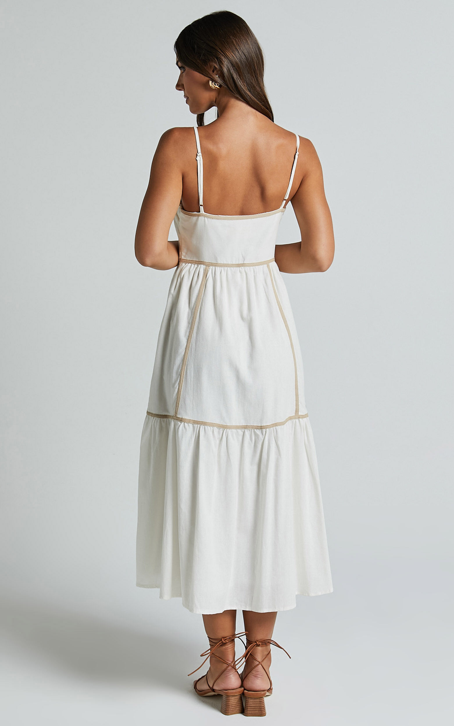 Chanika Midi Dress - Straight Neck Sleeveless Tiered Dress in White with Beige Contrast