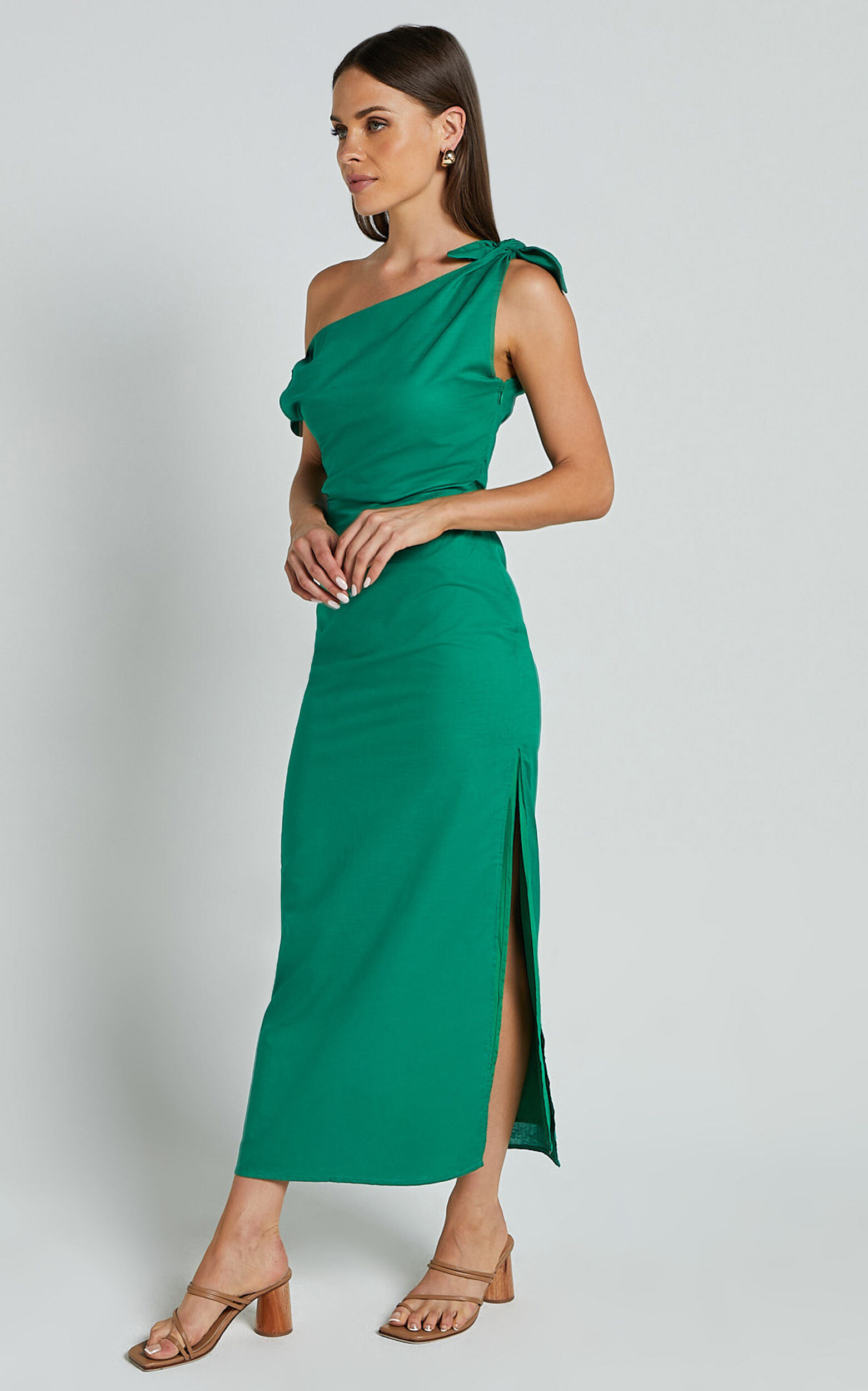 Cincinnati Midi Dress - Off The Shoulder Side Split Column Linen Dress in Green