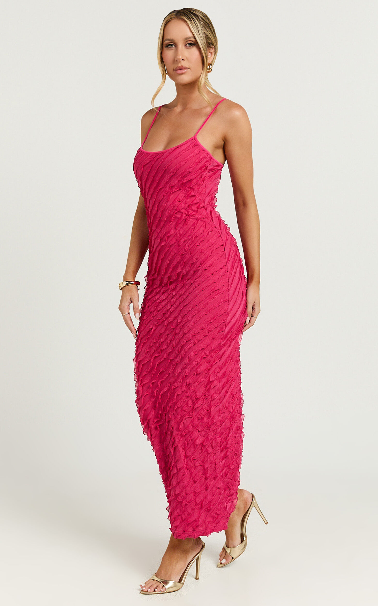 Lilibeth Midi Dress - Strappy Frill Detail Slip Dress in Pink