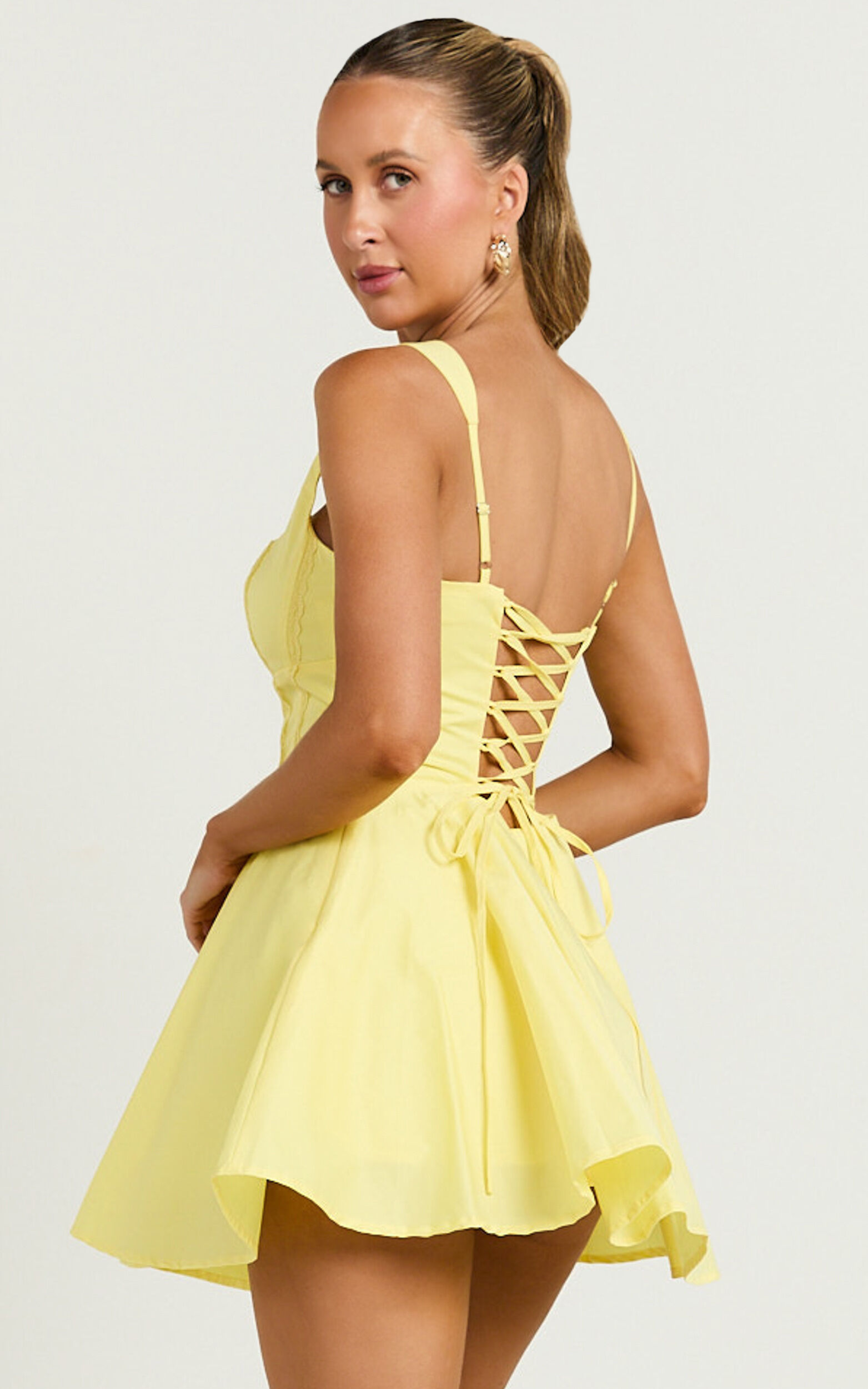 Indi Mini Dress - Square Neckline Lace Up Back Dress in Lemon