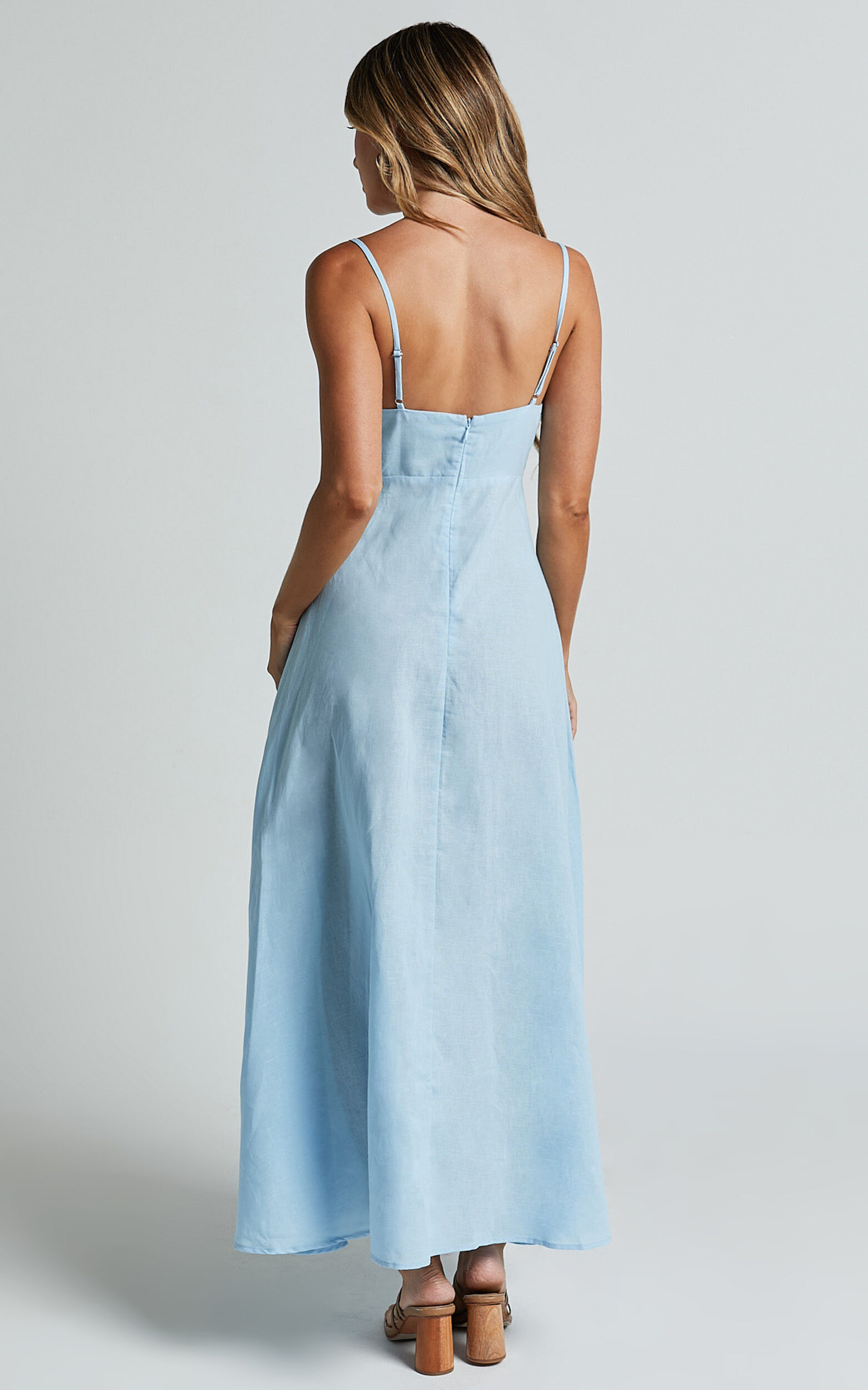 Brette Midi Dress - Linen Straight Neck Strappy Fit And Flare Dress in Blue