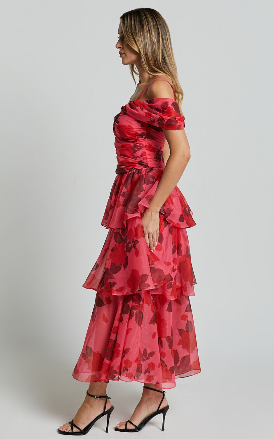 Xena Midi Dress - Off The Shoulder Cut Out Front Layered Dress in Pink Print