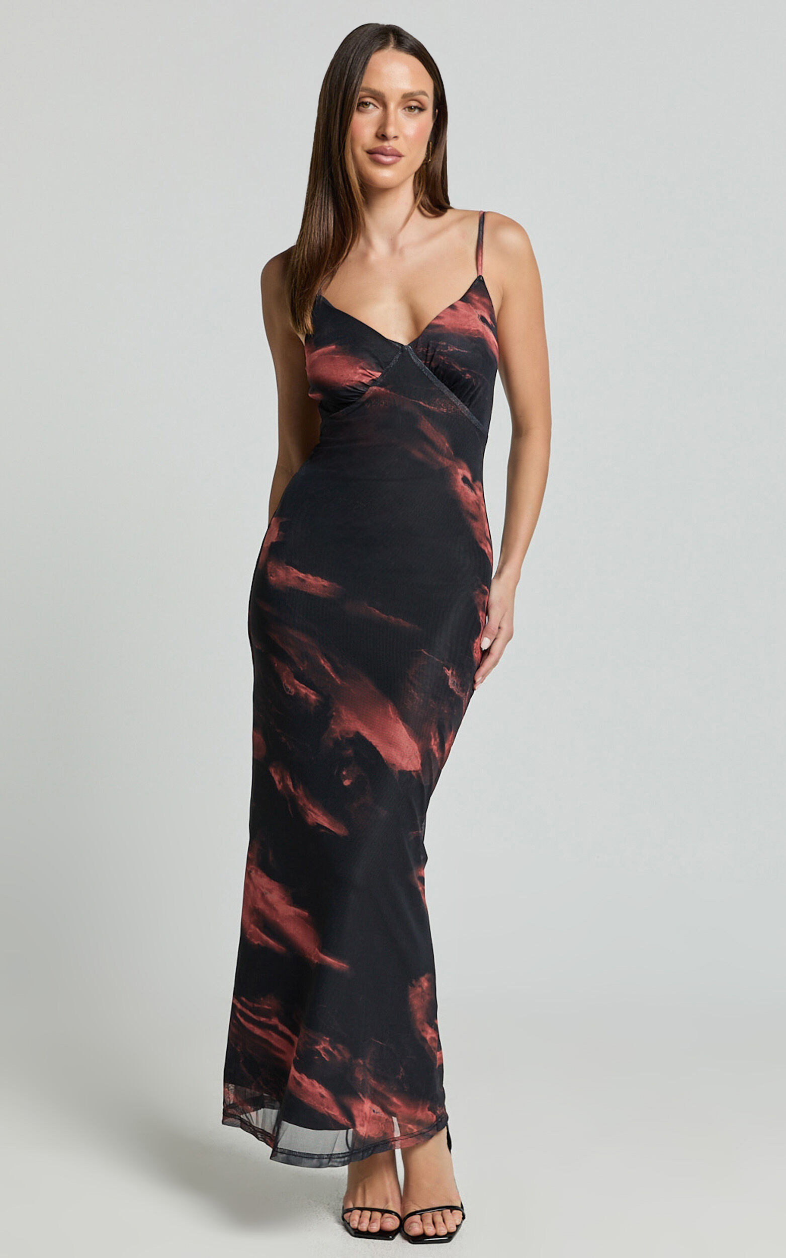 Rashida Midi Dress - V Neck Mesh Printed Dress in Dark Tie Dye