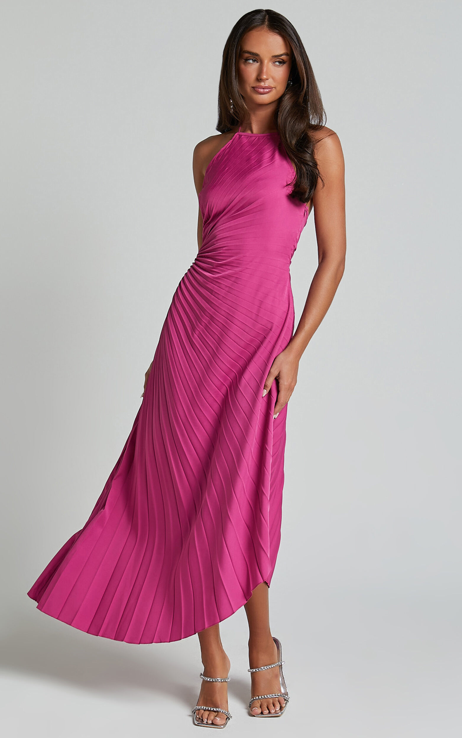 Gilly Midi Dress - Asymmetric Pleated Dress in Berry