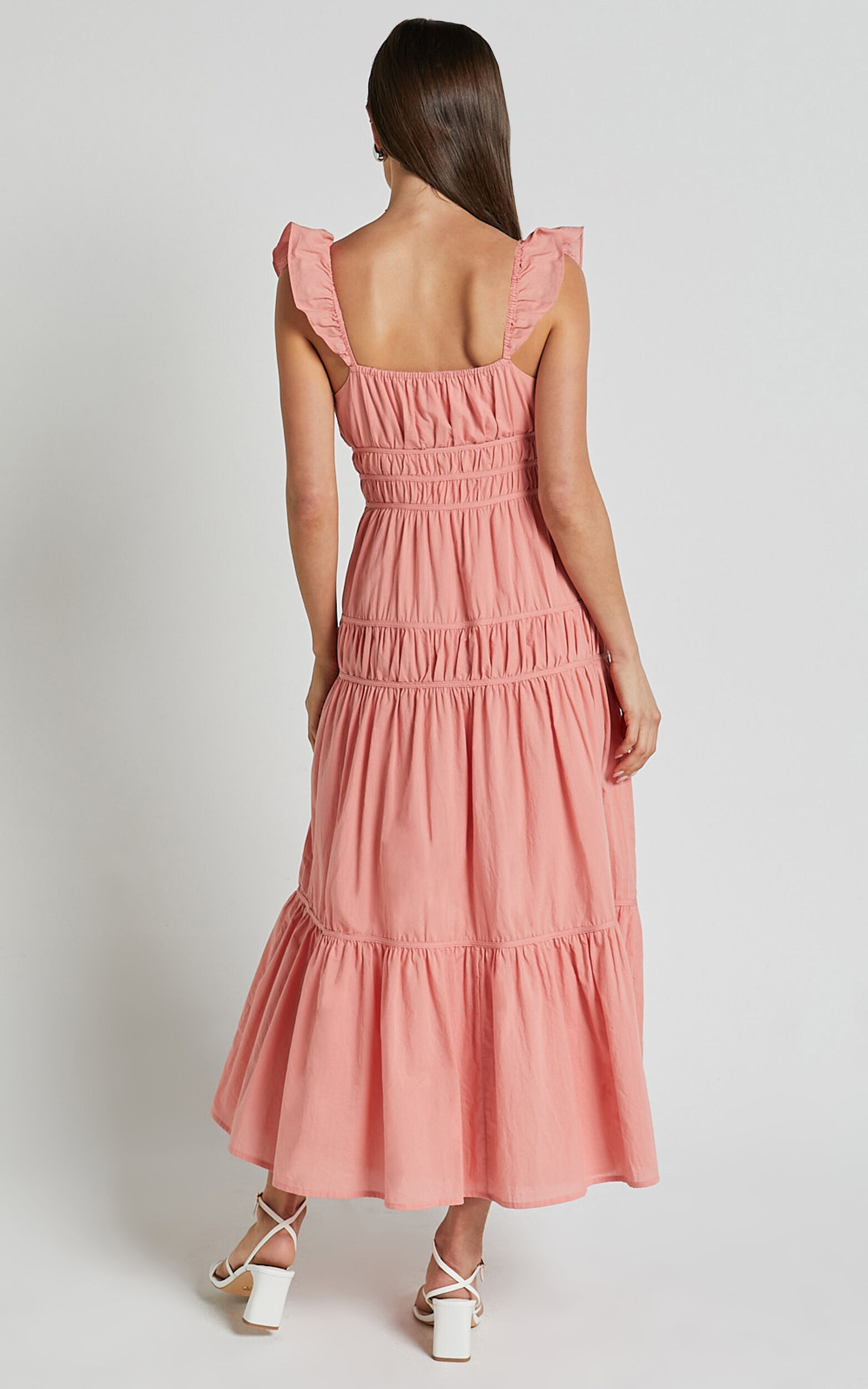 Addi Midi Dress - Button Front Plunge Neck Short Flutter Sleeve Tiered in Peach Fuzz
