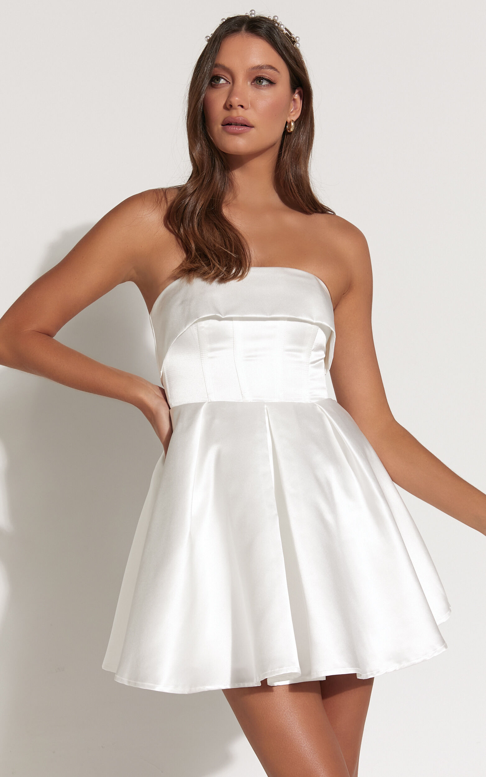 Valora Mini Dress - Strapless Fit and Flare Satin Dress in Ivory